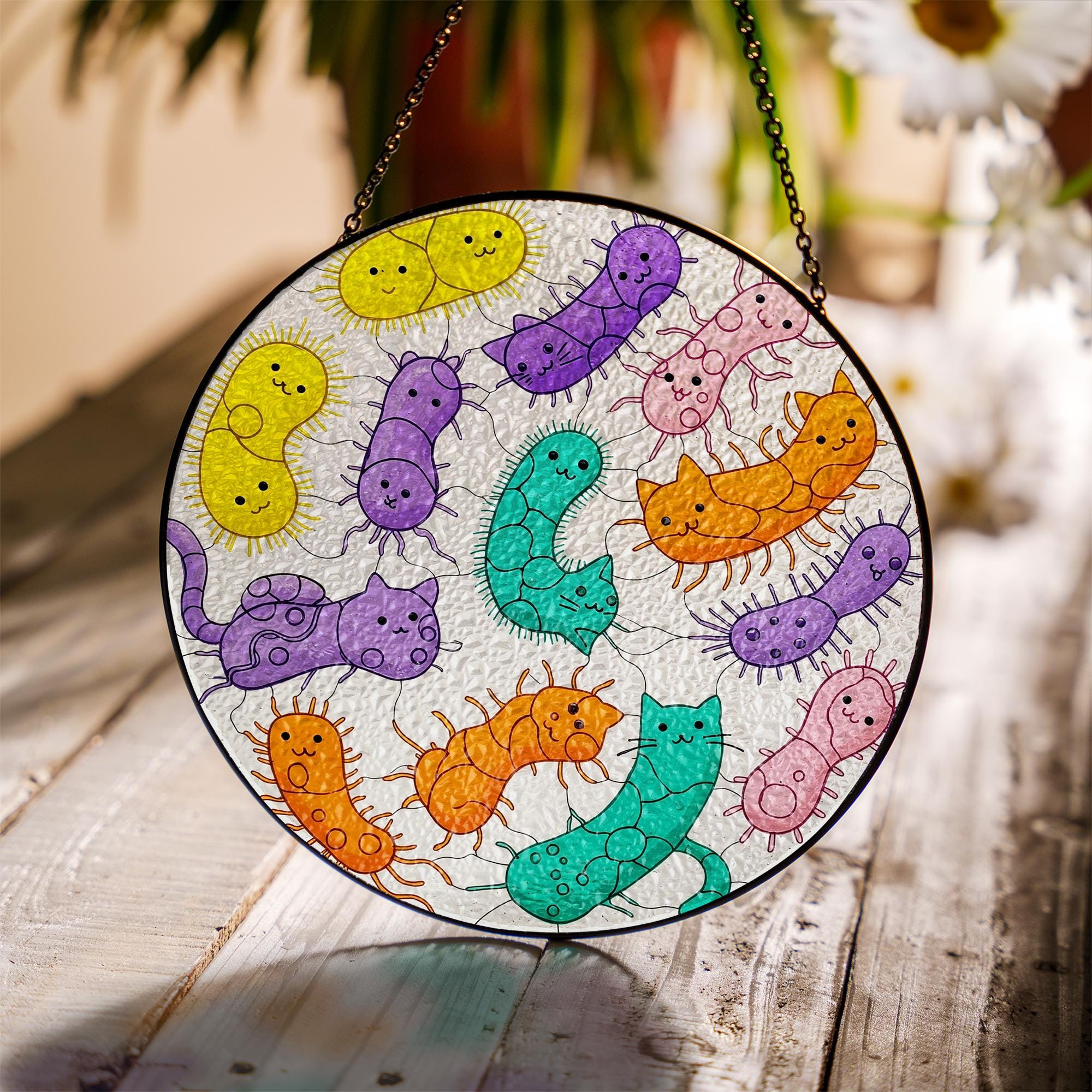 Funny Cat Bacteria Glass Suncatcher Gift for Scientist, Biology Lover, or Science Teacher Classroom Decor, End of Year classroom decor