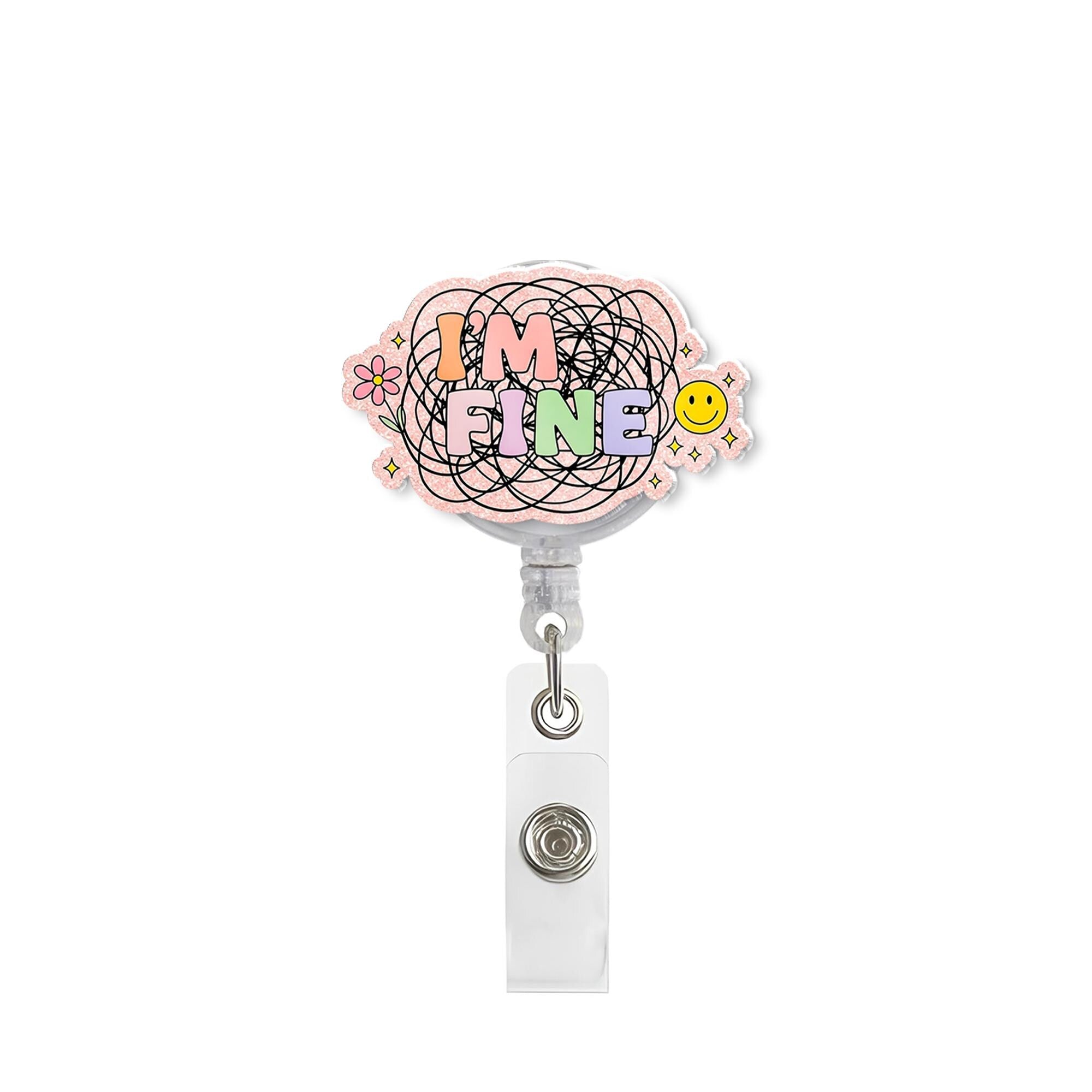 Funny I'm Fine Badge Reel Sarcastic Anxiety Retractable ID Holder, Groovy Mental Health Gift for Nurse Teacher Office Worker Healthcare