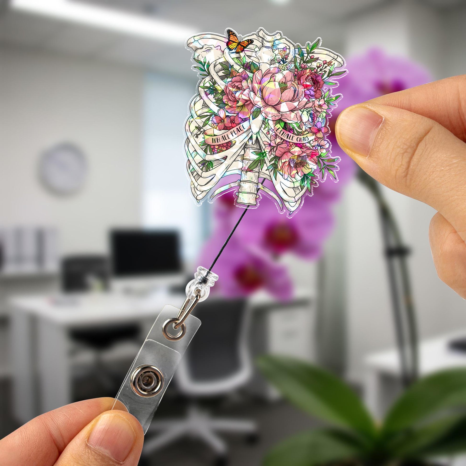 Hologram Inhale Peace Exhale Chaos Badge Reel | Floral Anatomy Rib Cage ID Holder | Retractable Clip for Nurse Doctor Teacher