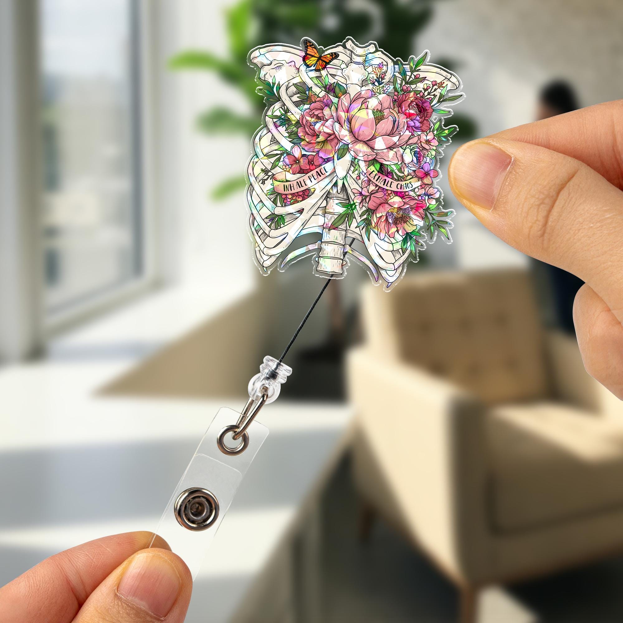 Hologram Inhale Peace Exhale Chaos Badge Reel | Floral Anatomy Rib Cage ID Holder | Retractable Clip for Nurse Doctor Teacher