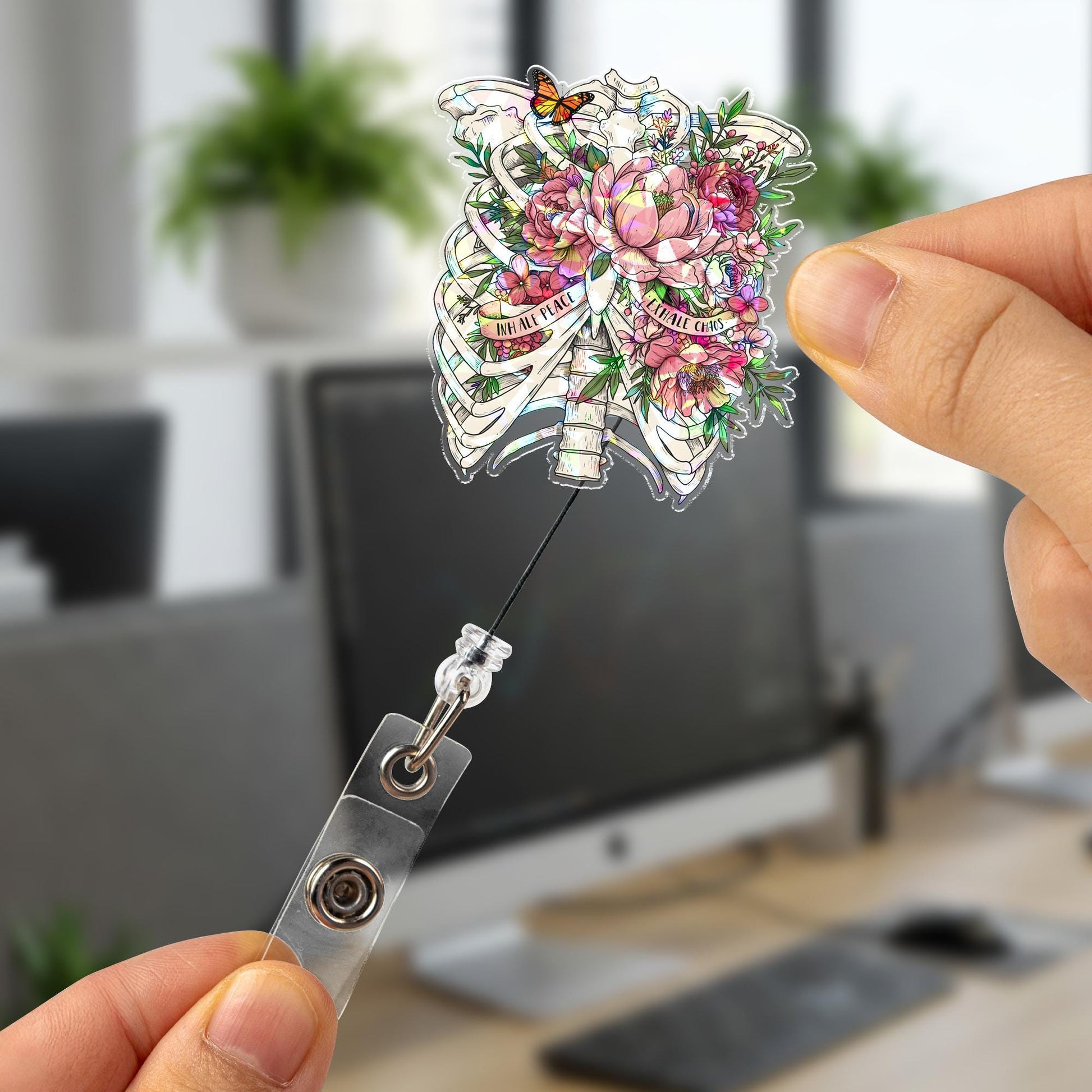 Hologram Inhale Peace Exhale Chaos Badge Reel | Floral Anatomy Rib Cage ID Holder | Retractable Clip for Nurse Doctor Teacher