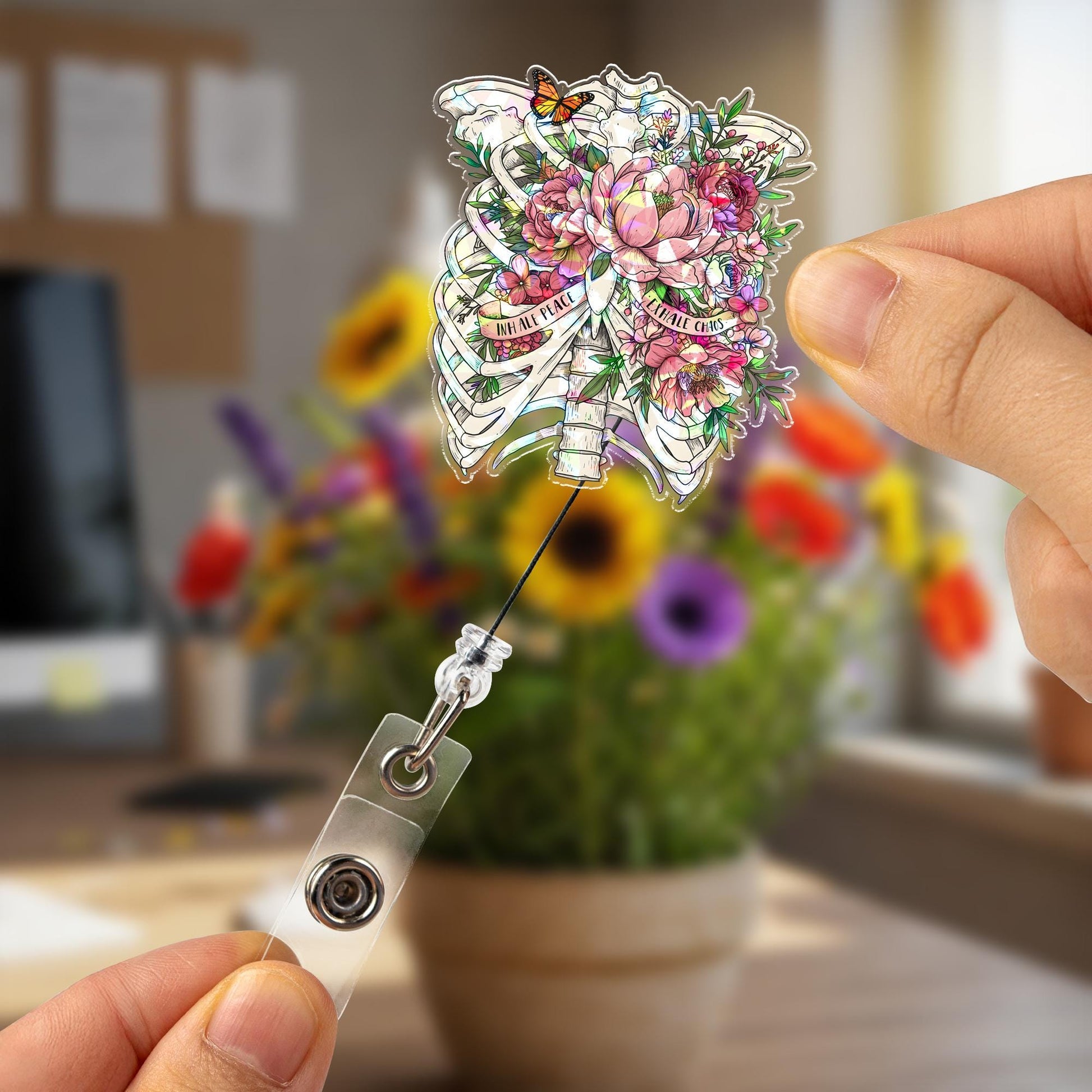 Hologram Inhale Peace Exhale Chaos Badge Reel | Floral Anatomy Rib Cage ID Holder | Retractable Clip for Nurse Doctor Teacher