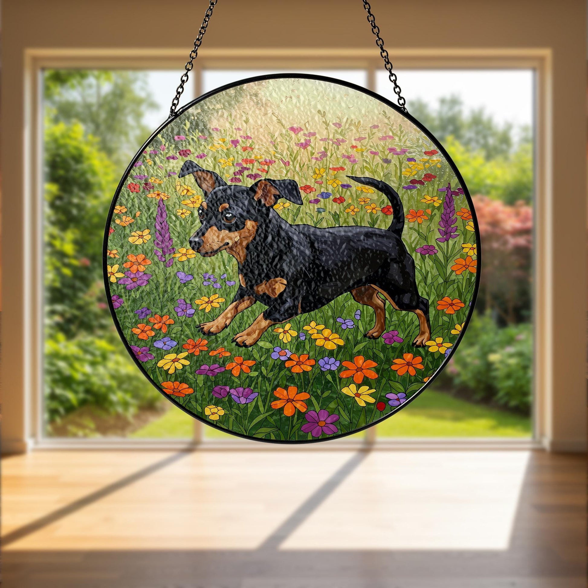 Black and Tan Chiweenie Running Among Wildflowers Glass Suncatcher, Dog Window Art, Floral Pet Gift, Cute Dachshund Mix Decor, Chiweenie Mom