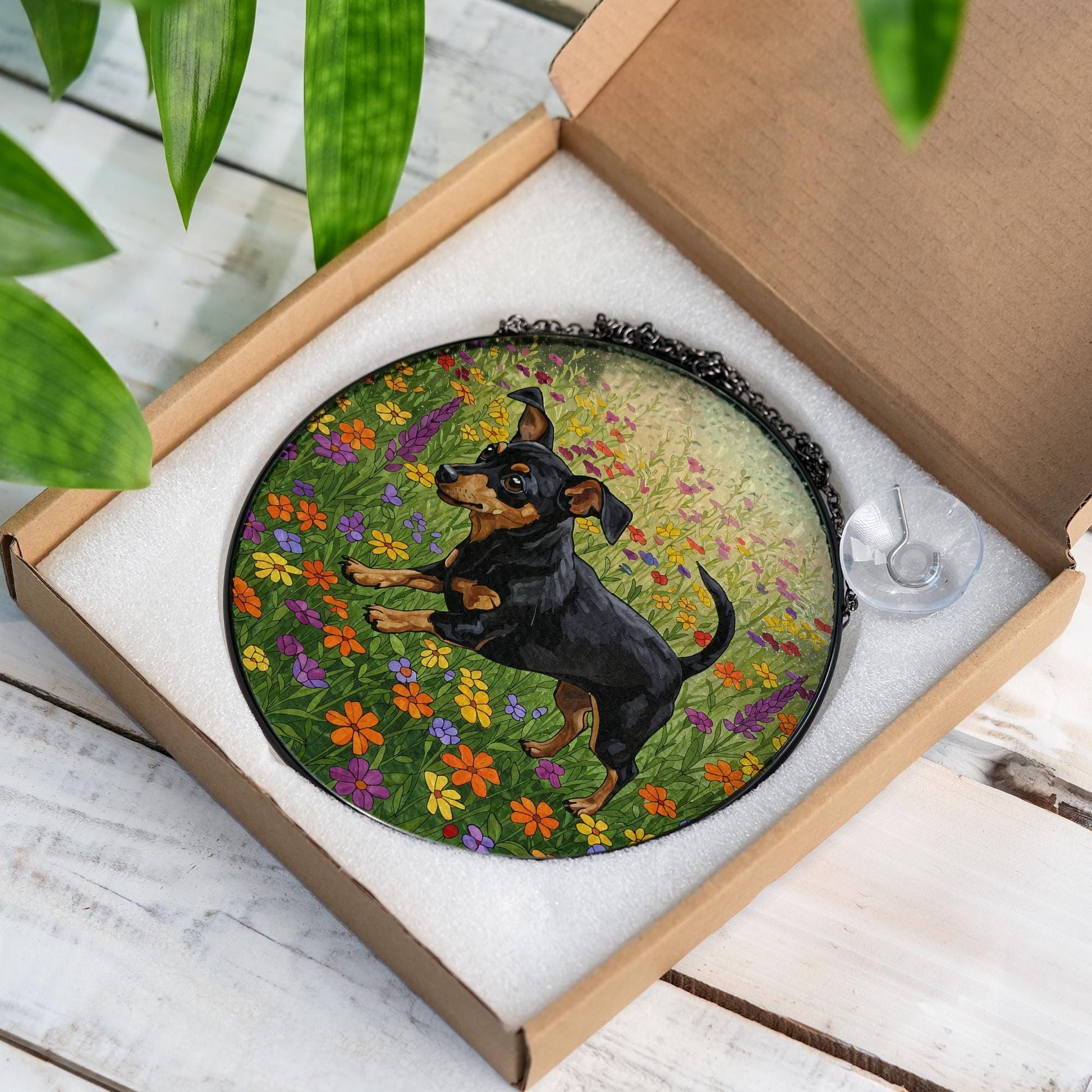 Black and Tan Chiweenie Running Among Wildflowers Glass Suncatcher, Dog Window Art, Floral Pet Gift, Cute Dachshund Mix Decor, Chiweenie Mom