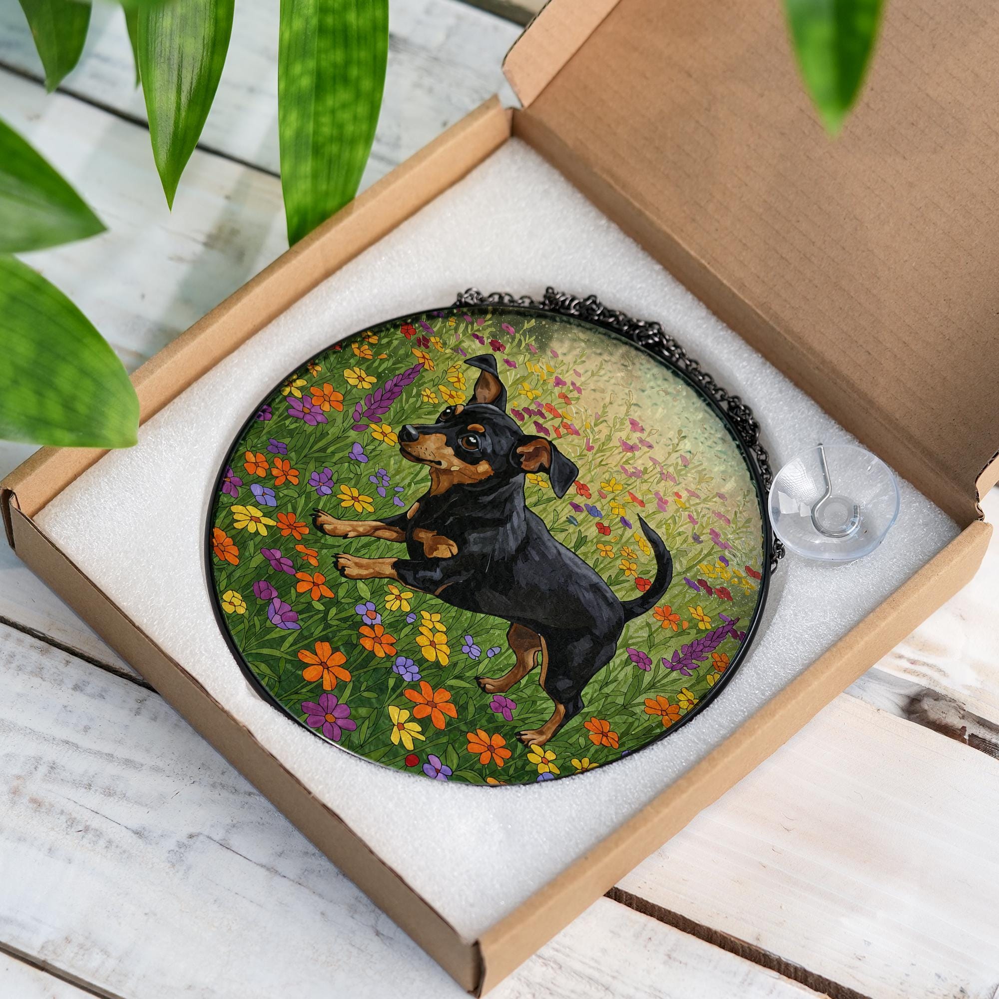 Black and Tan Chiweenie Running Among Wildflowers Glass Suncatcher, Dog Window Art, Floral Pet Gift, Cute Dachshund Mix Decor, Chiweenie Mom