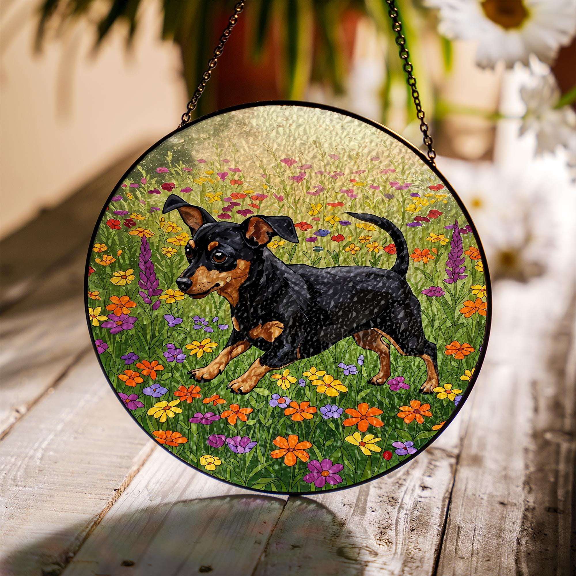 Black and Tan Chiweenie Running Among Wildflowers Glass Suncatcher, Dog Window Art, Floral Pet Gift, Cute Dachshund Mix Decor, Chiweenie Mom