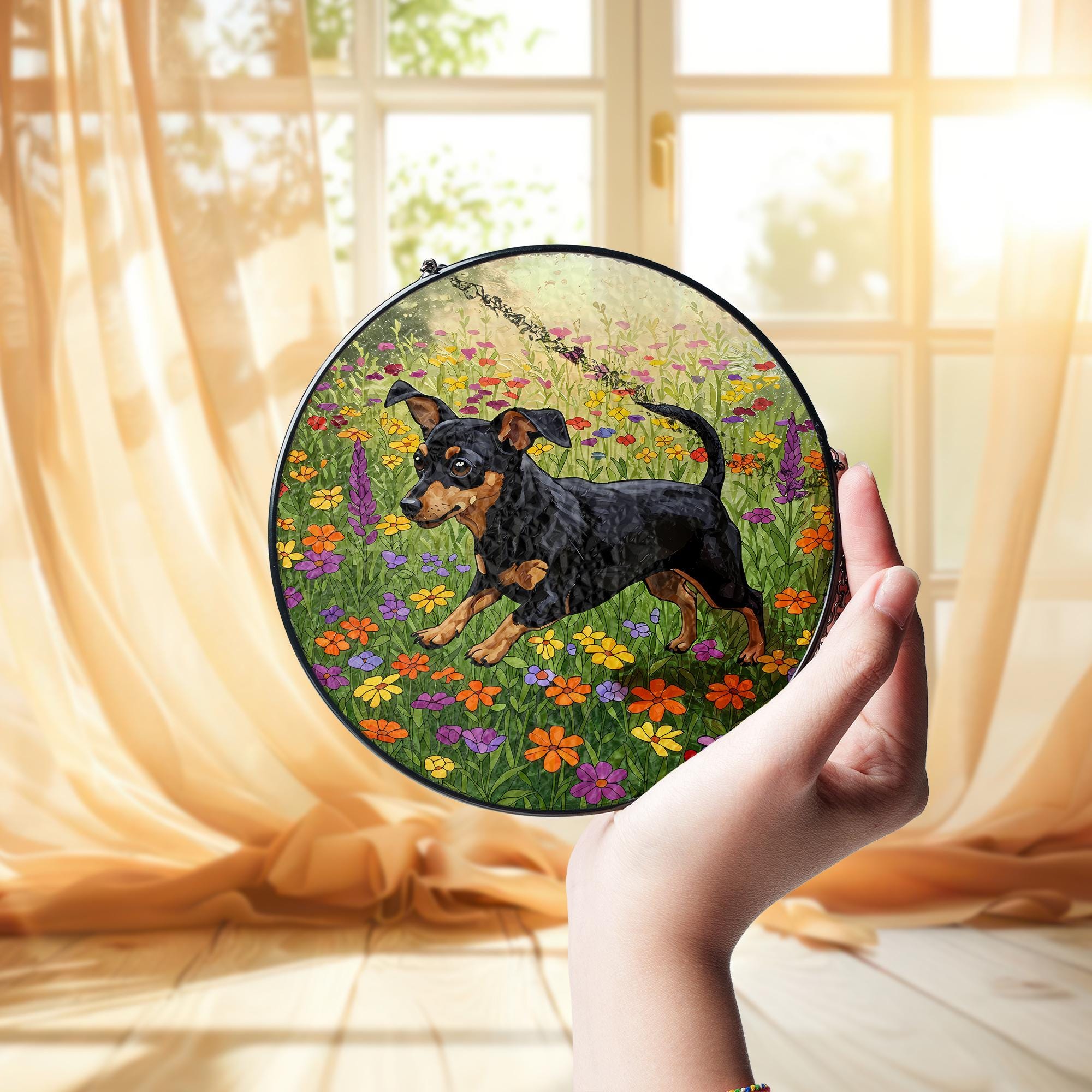 Black and Tan Chiweenie Running Among Wildflowers Glass Suncatcher, Dog Window Art, Floral Pet Gift, Cute Dachshund Mix Decor, Chiweenie Mom