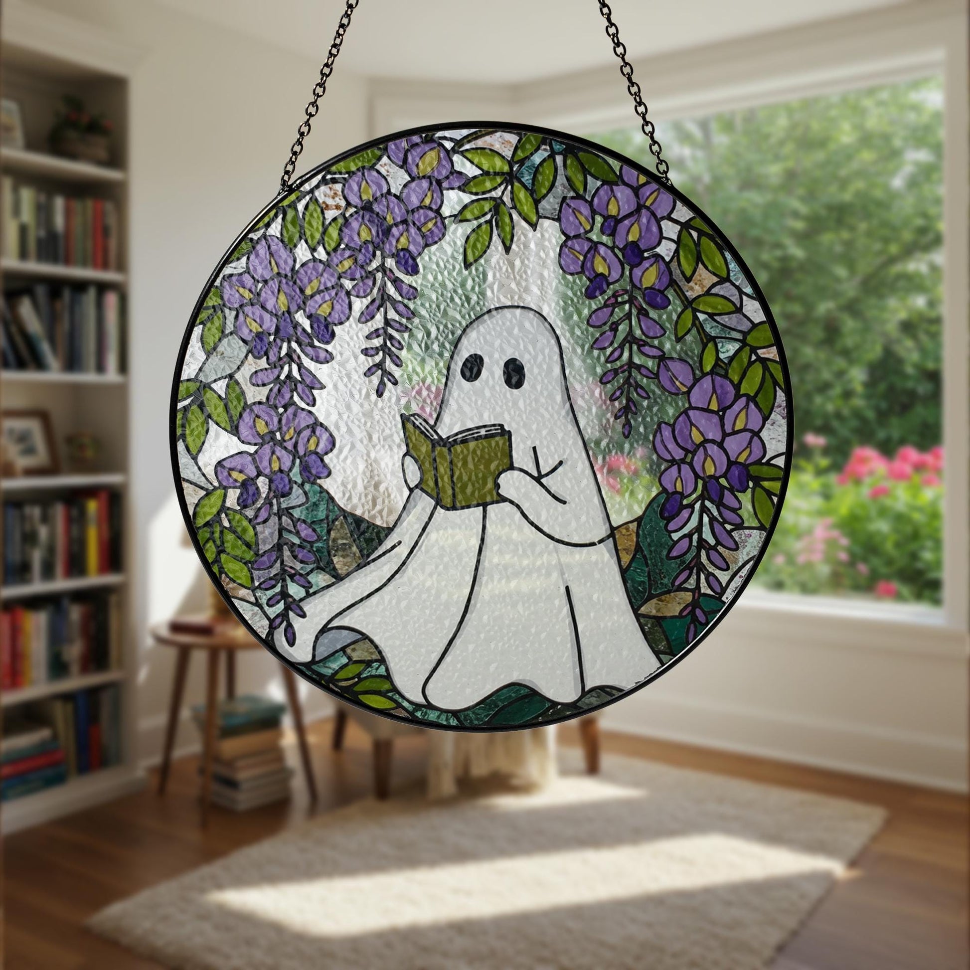 Ghost Reading GLASS Suncatcher, Book Lover Gift, Glass Window Hanging, Wisteria Glass Art, Cottagecore Decor, Ghost Sun Catcher,Floral Decor
