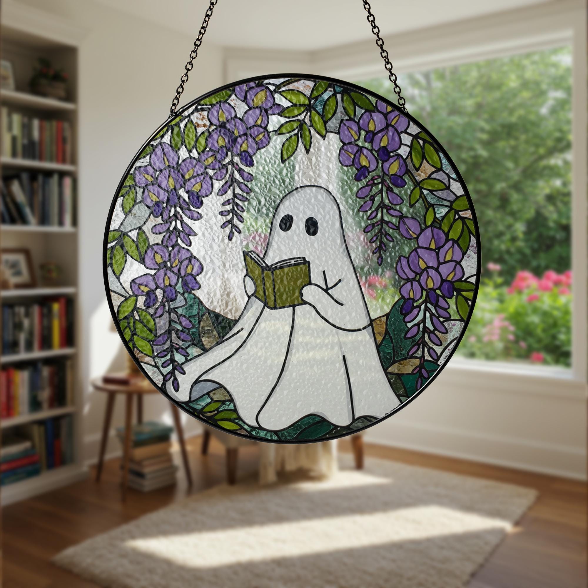 Ghost Reading GLASS Suncatcher, Book Lover Gift, Glass Window Hanging, Wisteria Glass Art, Cottagecore Decor, Ghost Sun Catcher,Floral Decor