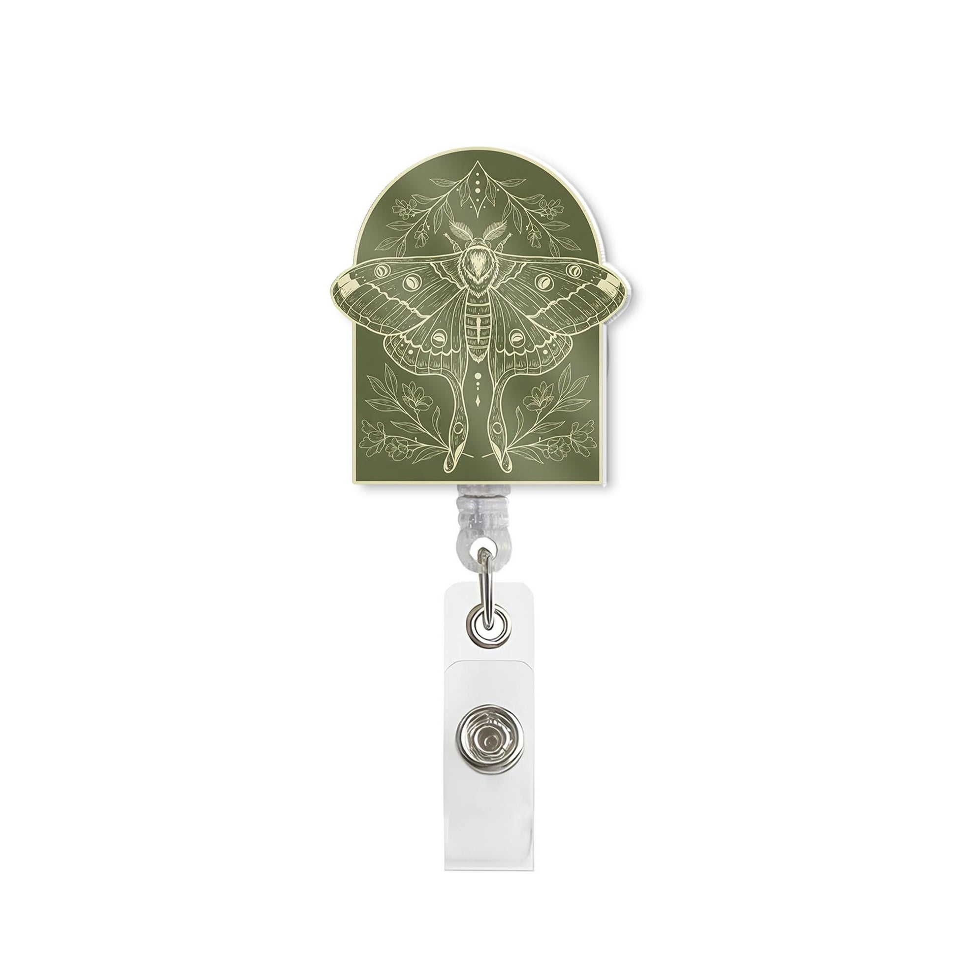 Vintage Moth Badge Reel Botanical Green Arch Design, Retractable ID Holder for Nurse Teacher Office, Floral Nature Insect Accessory Gift