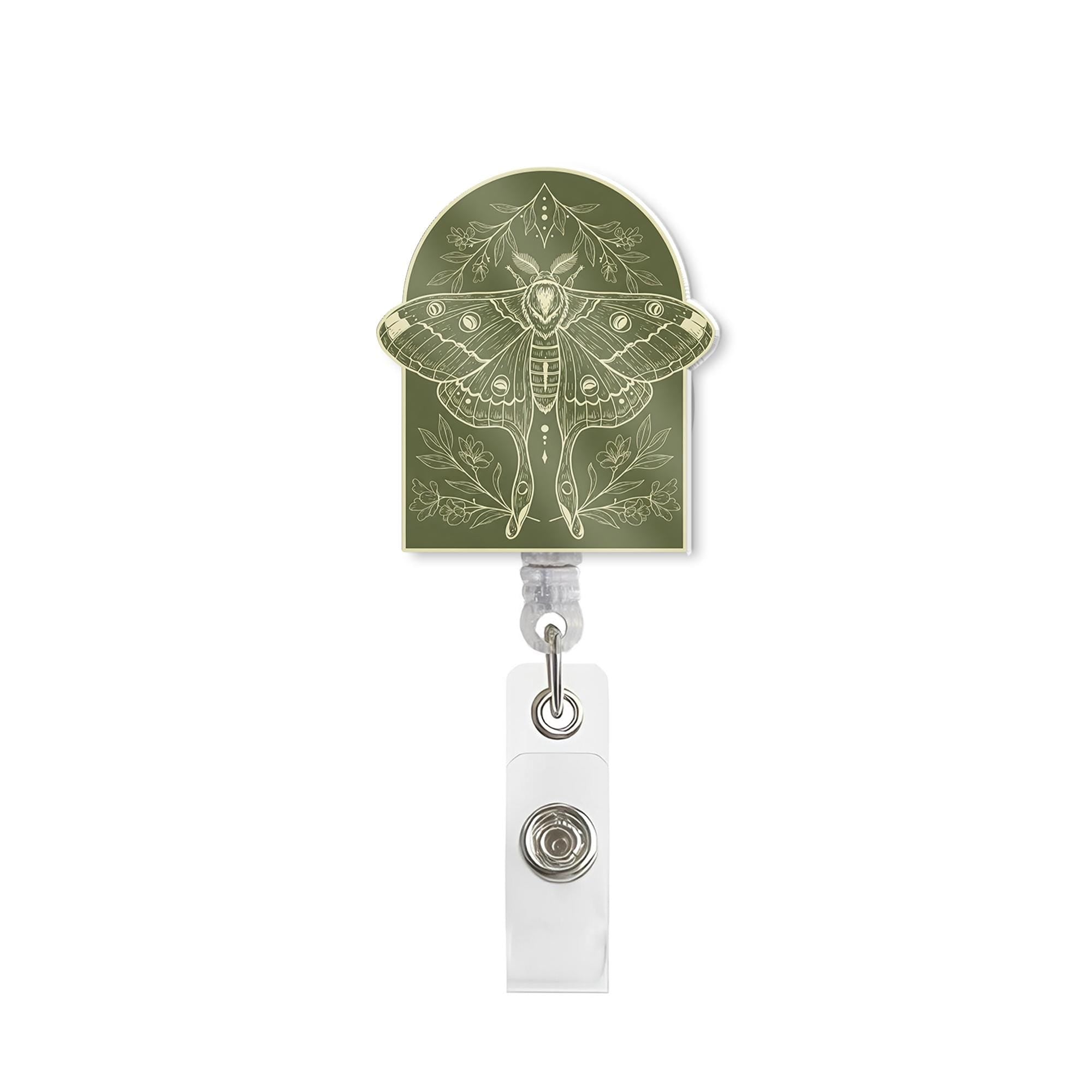 Vintage Moth Badge Reel Botanical Green Arch Design, Retractable ID Holder for Nurse Teacher Office, Floral Nature Insect Accessory Gift