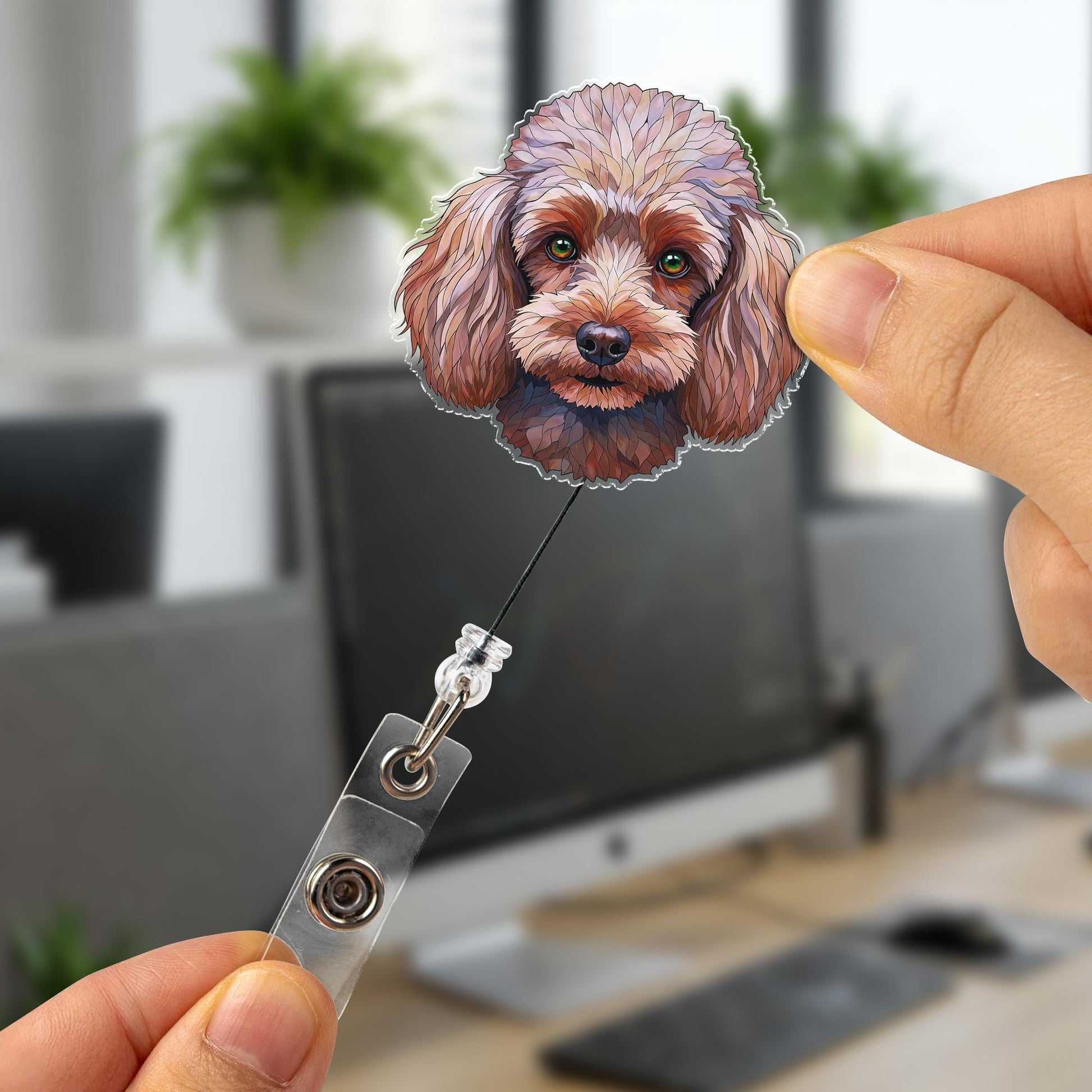Cute Brown Poodle Dog Badge Reel, Artistic Green Eyed Pet Portrait ID Holder, Retractable Clip Gift for Nurse, Teacher, Vet, Dog Lover
