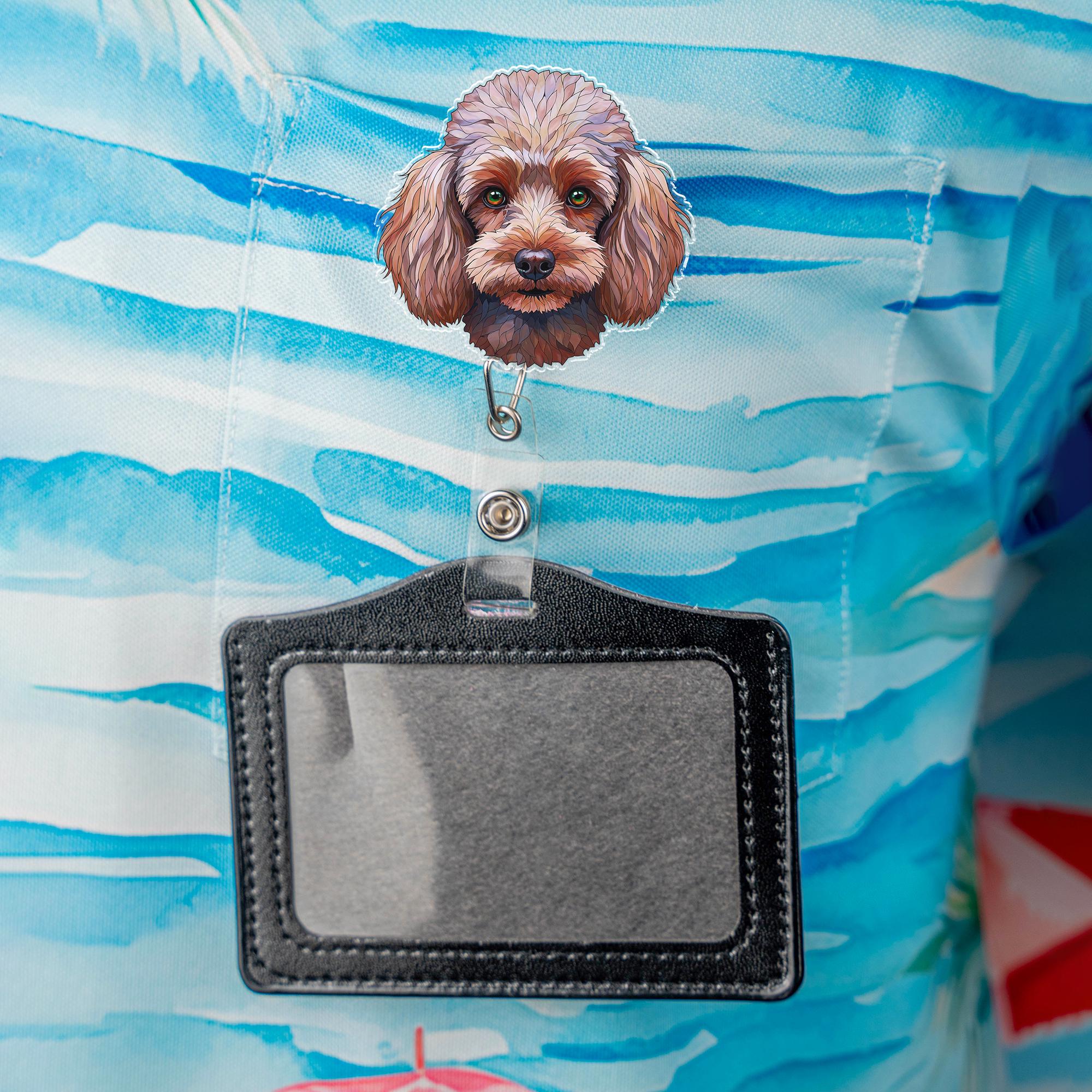 Cute Brown Poodle Dog Badge Reel, Artistic Green Eyed Pet Portrait ID Holder, Retractable Clip Gift for Nurse, Teacher, Vet, Dog Lover