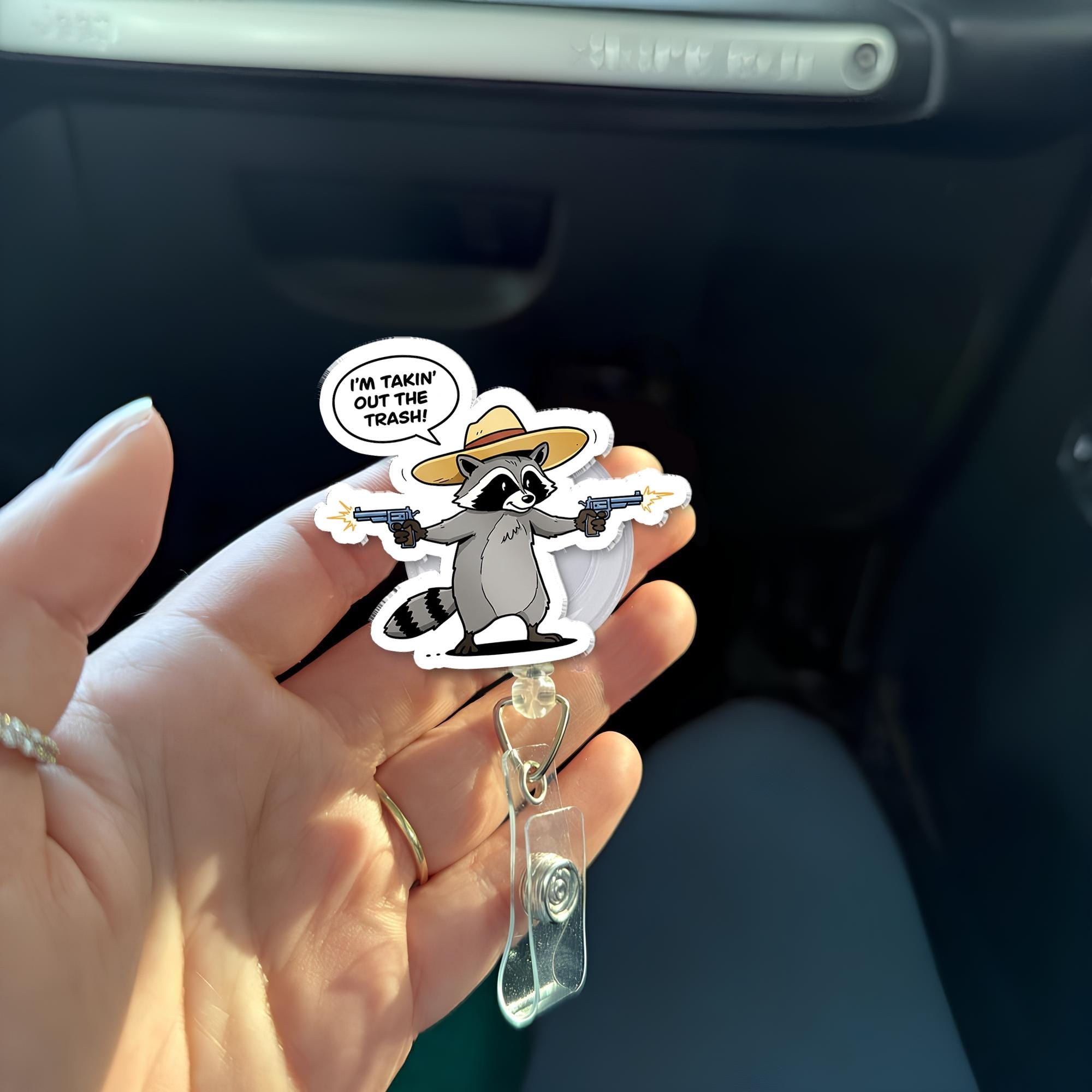 Funny Raccoon Badge Reel "Takin Out The Trash" Sombrero Guns Retractable ID Holder | Cute Animal Nurse Teacher Office Work Humor Gift