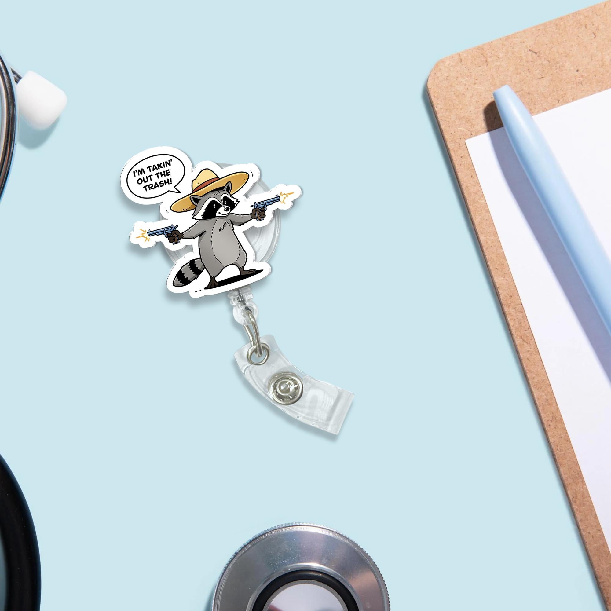 Funny Raccoon Badge Reel "Takin Out The Trash" Sombrero Guns Retractable ID Holder | Cute Animal Nurse Teacher Office Work Humor Gift