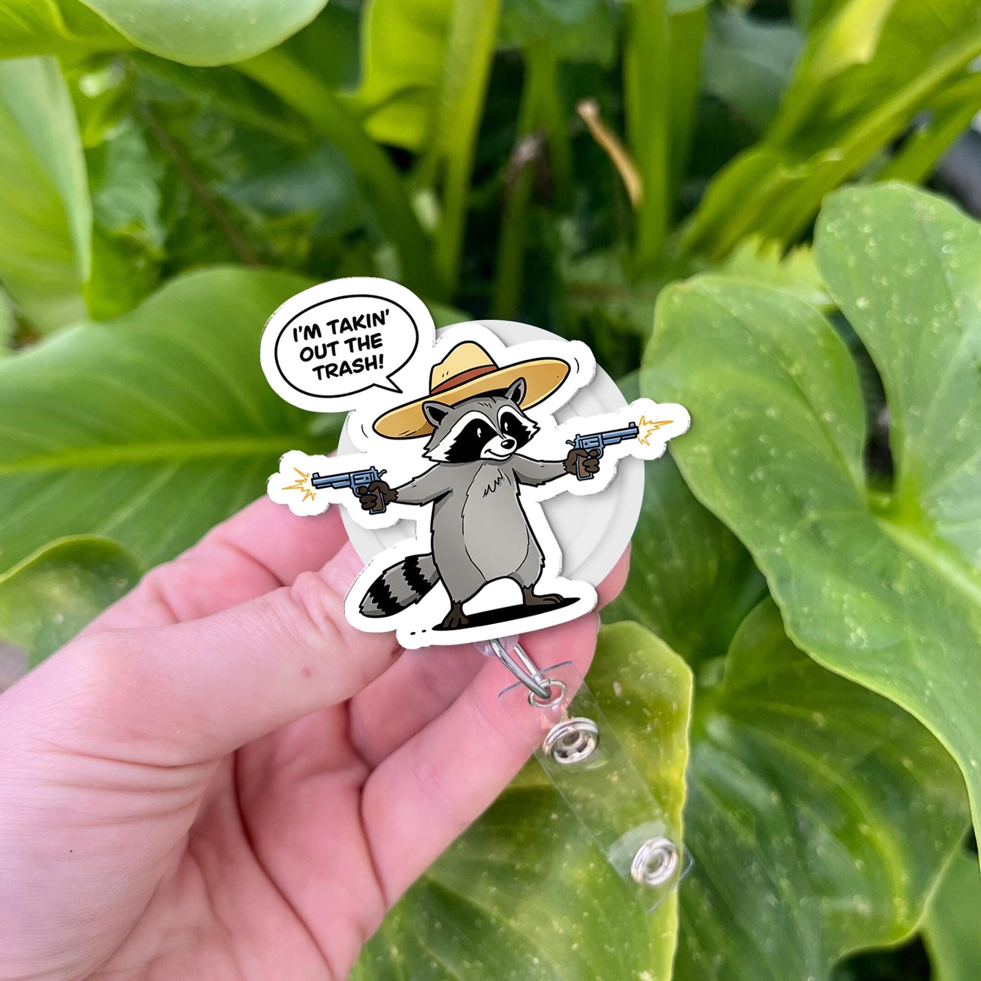 Funny Raccoon Badge Reel "Takin Out The Trash" Sombrero Guns Retractable ID Holder | Cute Animal Nurse Teacher Office Work Humor Gift