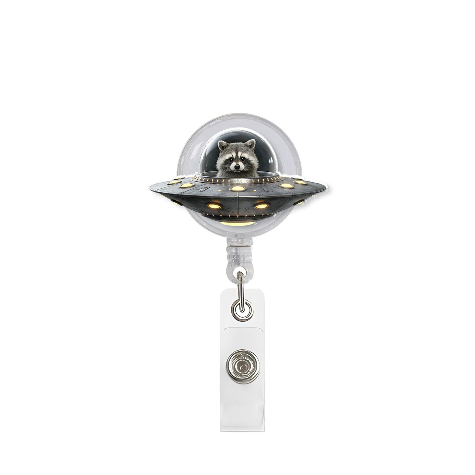 Cute Raccoon UFO Badge Reel | Funny Alien Spaceship Sci-Fi Retractable ID Holder | Nurse Teacher Office Vet Tech Gift | Whimsical Animal