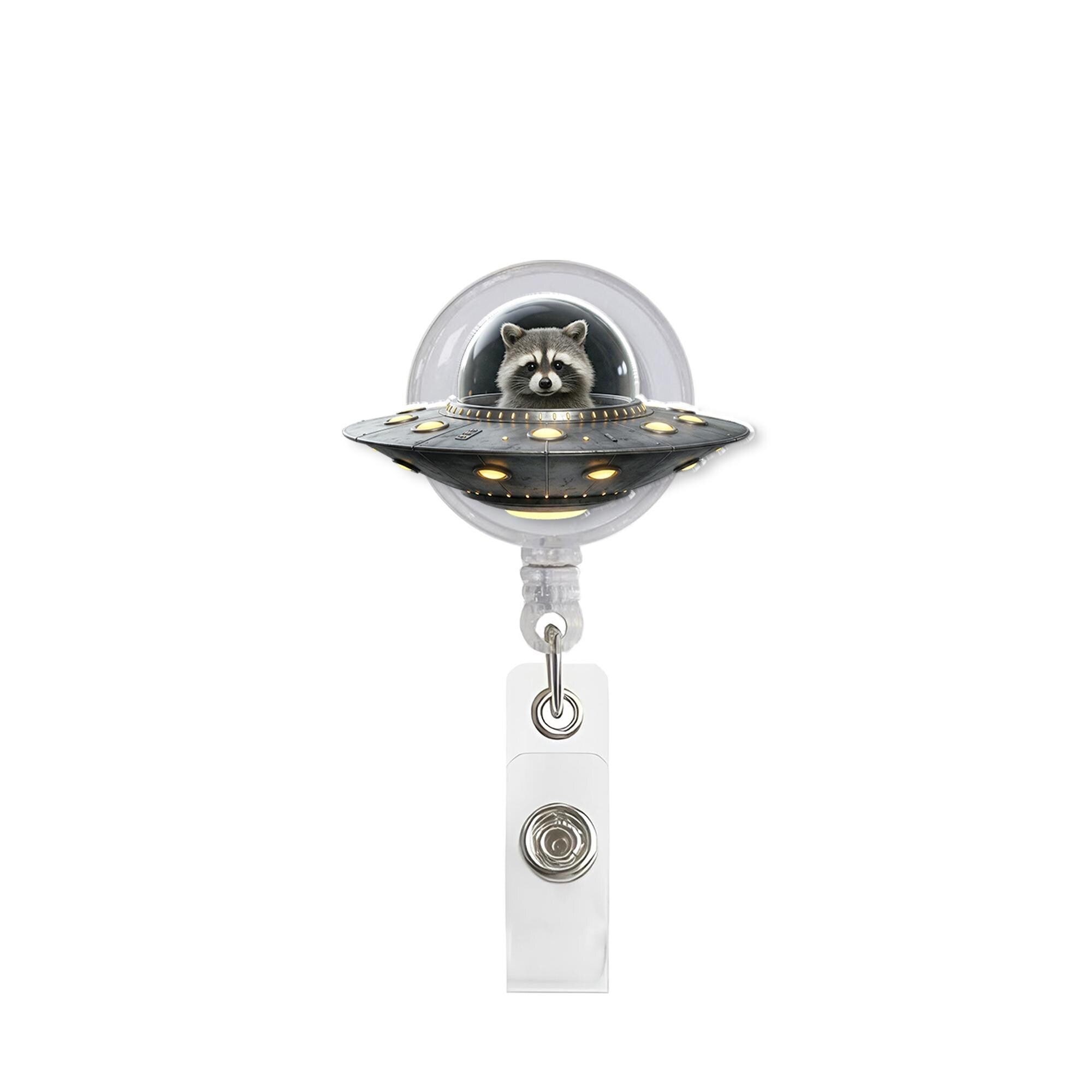 Cute Raccoon UFO Badge Reel | Funny Alien Spaceship Sci-Fi Retractable ID Holder | Nurse Teacher Office Vet Tech Gift | Whimsical Animal