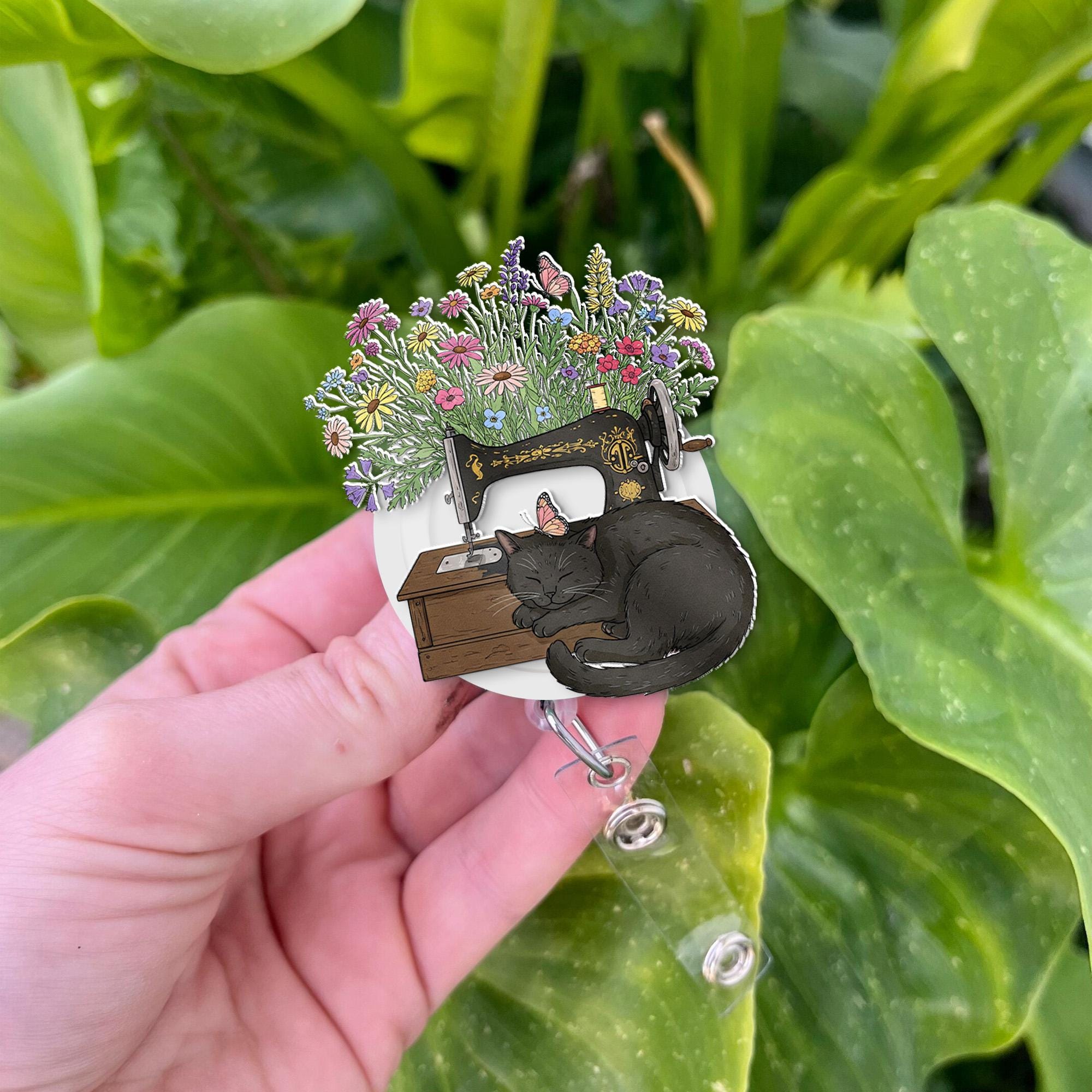 Black Cat Sleeping Floral Sewing Machine Badge Reel, Cute Retractable ID Holder for Nurse, Teacher, Crafter, Sewer, Quilter Gift Idea