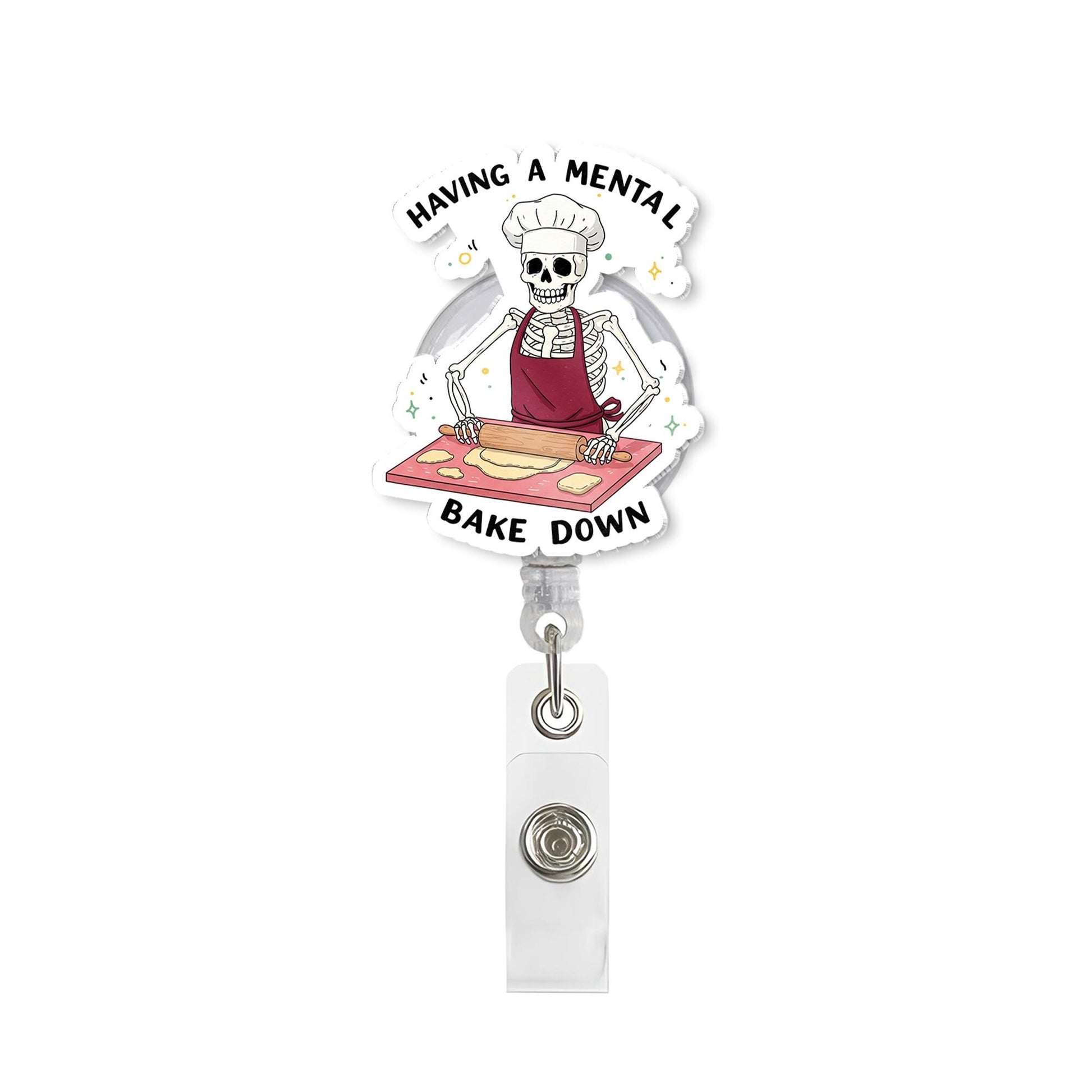 Mental Bake Down Skeleton Baker Badge Reel | Funny Retractable ID Holder for Nurse Teacher Office Staff | Humorous Baking Pun Gift