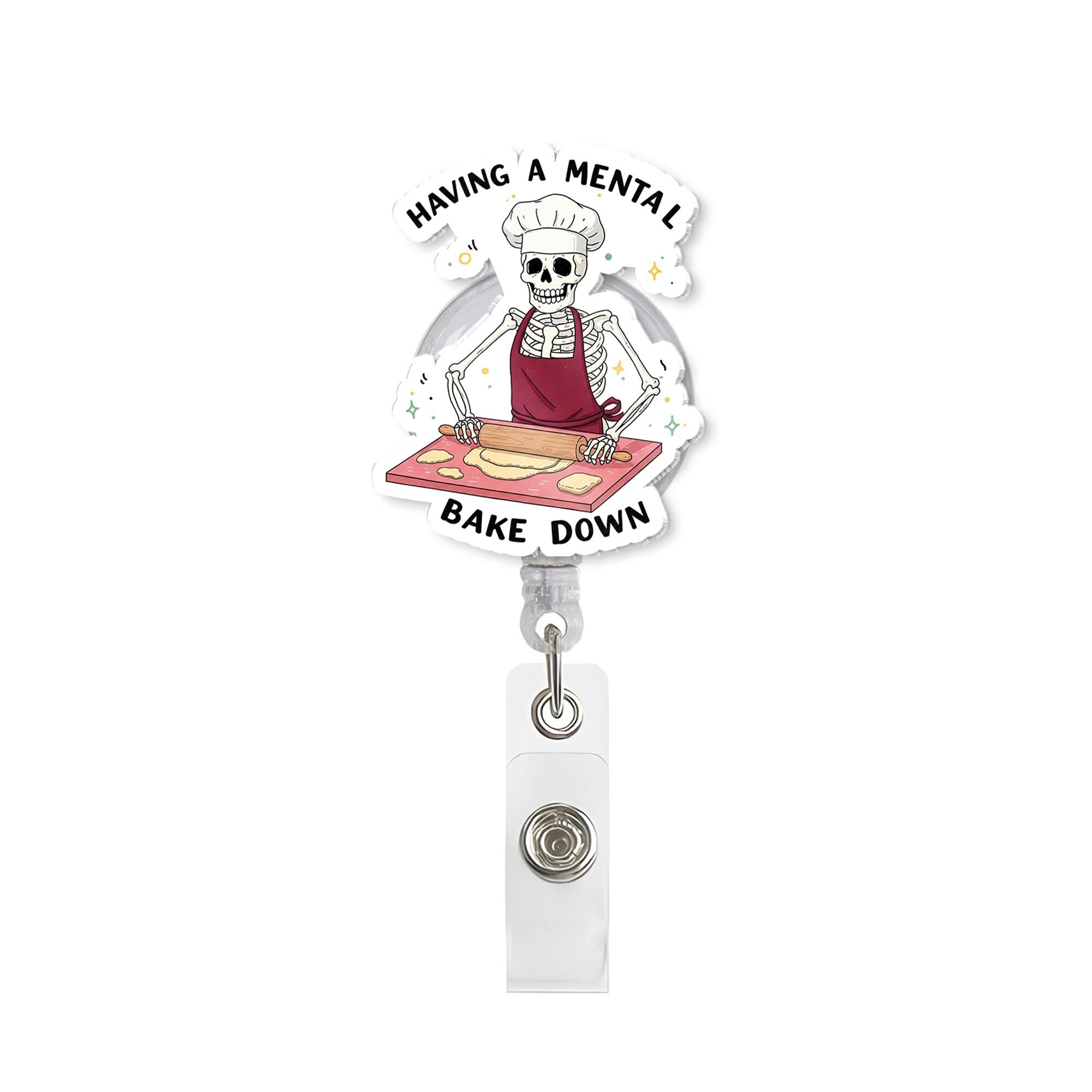 Mental Bake Down Skeleton Baker Badge Reel | Funny Retractable ID Holder for Nurse Teacher Office Staff | Humorous Baking Pun Gift