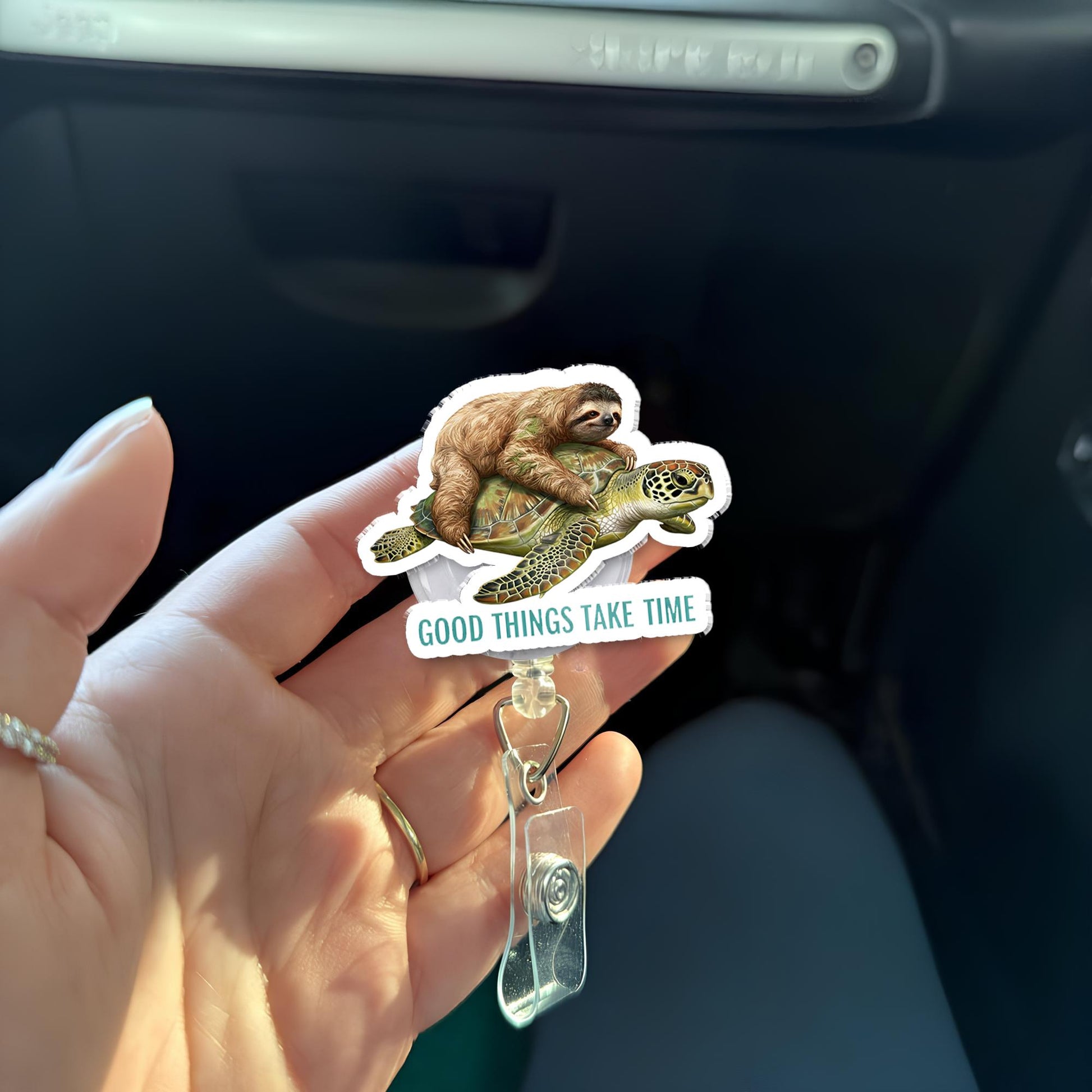 Sloth Riding Turtle Badge Reel "Good Things Take Time", Cute Animal Retractable ID Holder, Inspirational Nurse Teacher Office Staff Gift