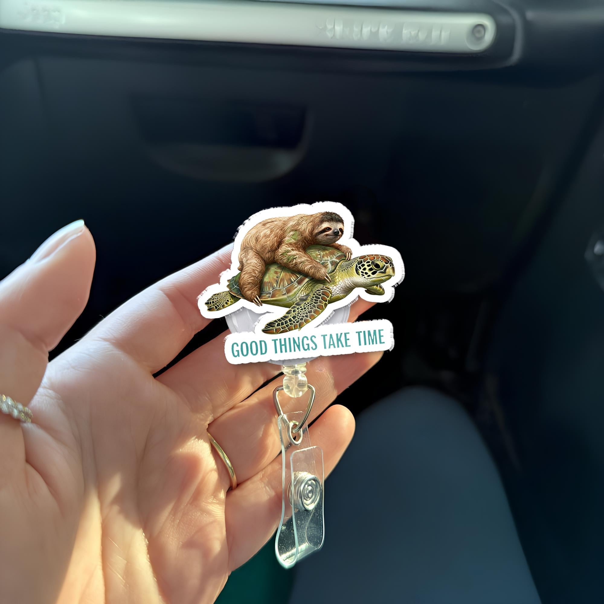 Sloth Riding Turtle Badge Reel "Good Things Take Time", Cute Animal Retractable ID Holder, Inspirational Nurse Teacher Office Staff Gift