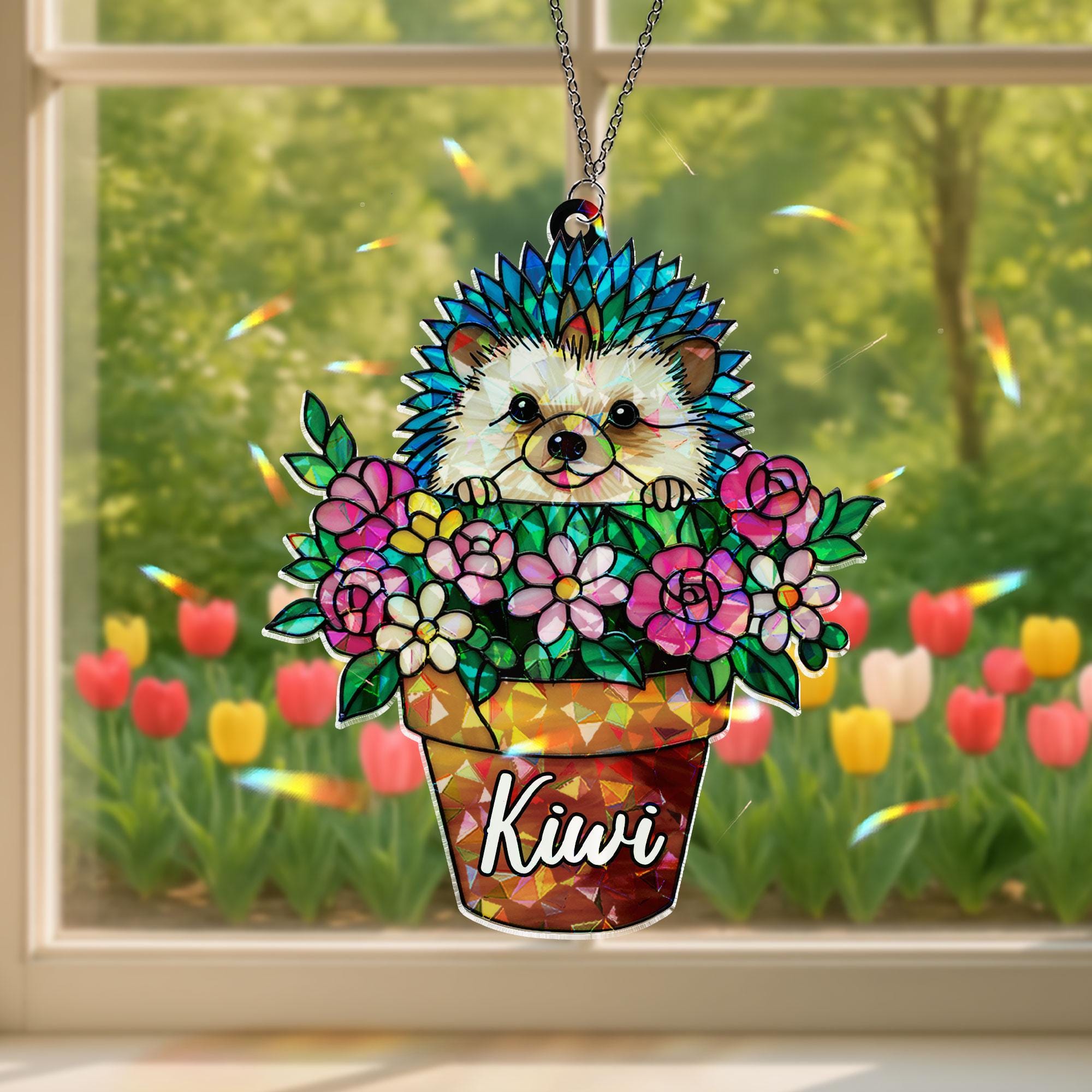 Personalized Hedgehog Flower Pot Acrylic Ornament, Custom Name Window Hanging, Cute Floral Animal Lover Gardener Gift Home Decor