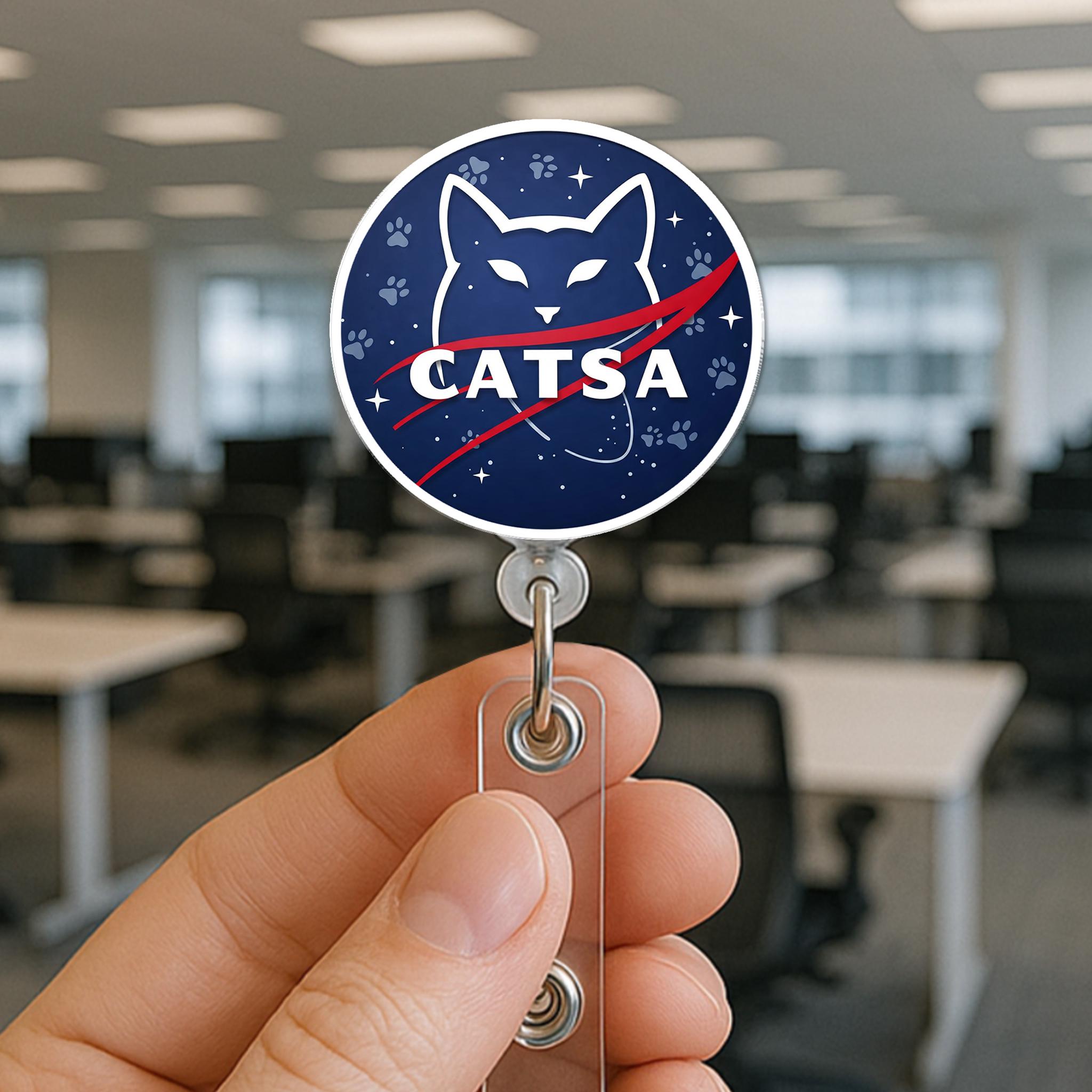 Funny CATSA Badge Reel, Funny Cat ID Holder, Space Cat Badge Clip, Vet Tech Gift, Cat Lover Work Accessory, Astronaut Cat Reel