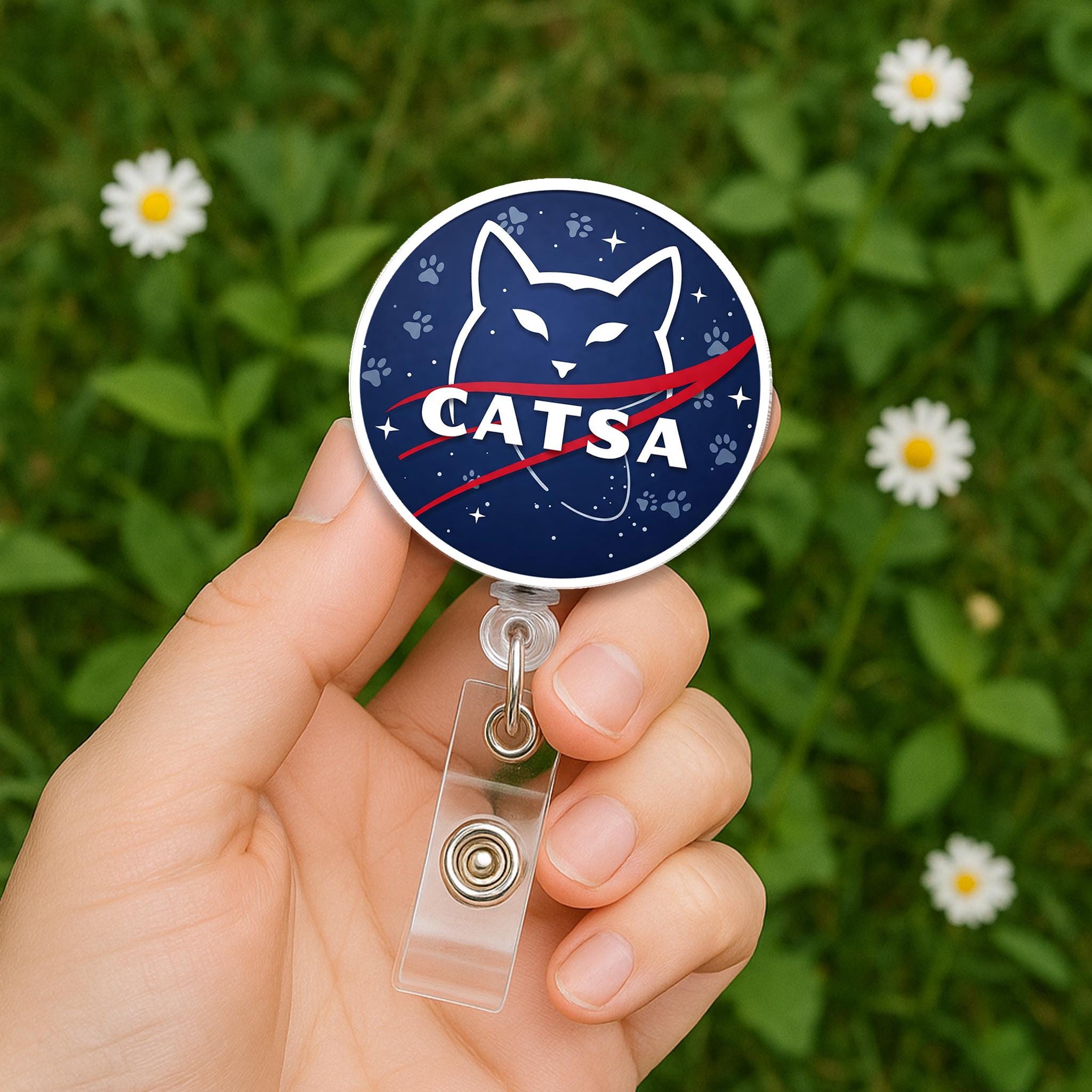 Funny CATSA Badge Reel, Funny Cat ID Holder, Space Cat Badge Clip, Vet Tech Gift, Cat Lover Work Accessory, Astronaut Cat Reel