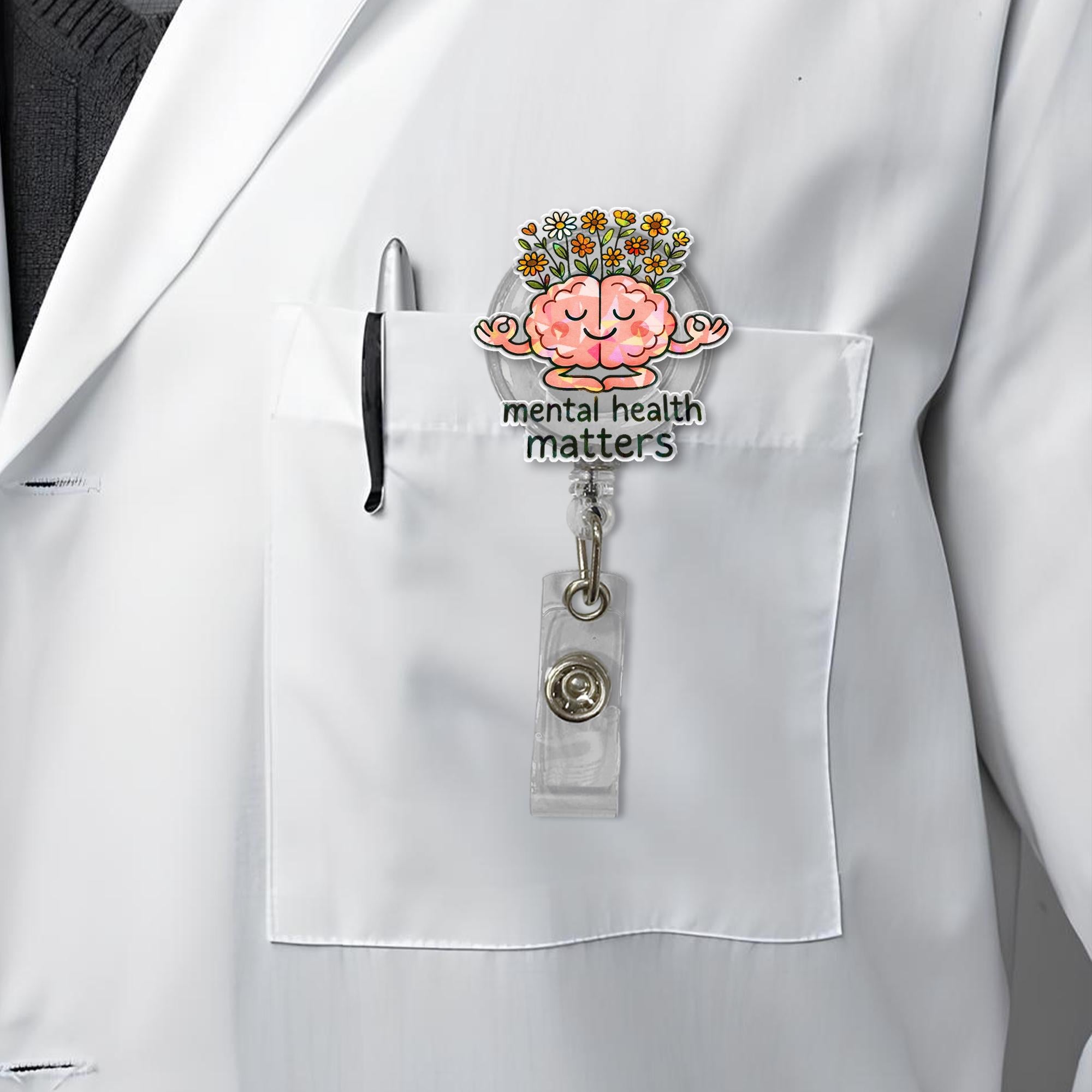 Mental Health Matters Badge Reel – Cute Brain with Flowers ID Holder – Inspirational Retractable Clip for Therapists, Nurses & Staff