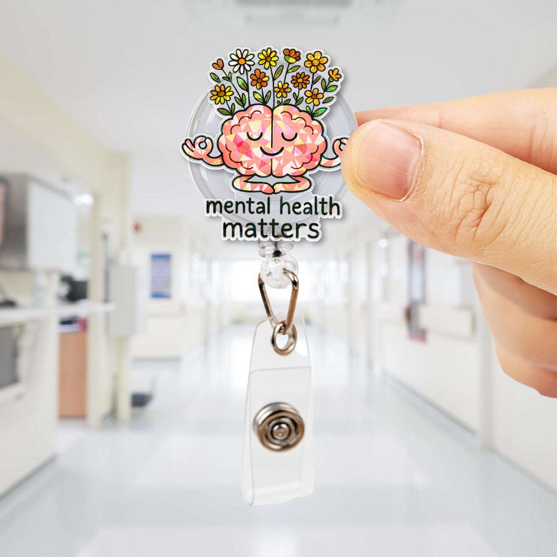Mental Health Matters Badge Reel – Cute Brain with Flowers ID Holder – Inspirational Retractable Clip for Therapists, Nurses & Staff