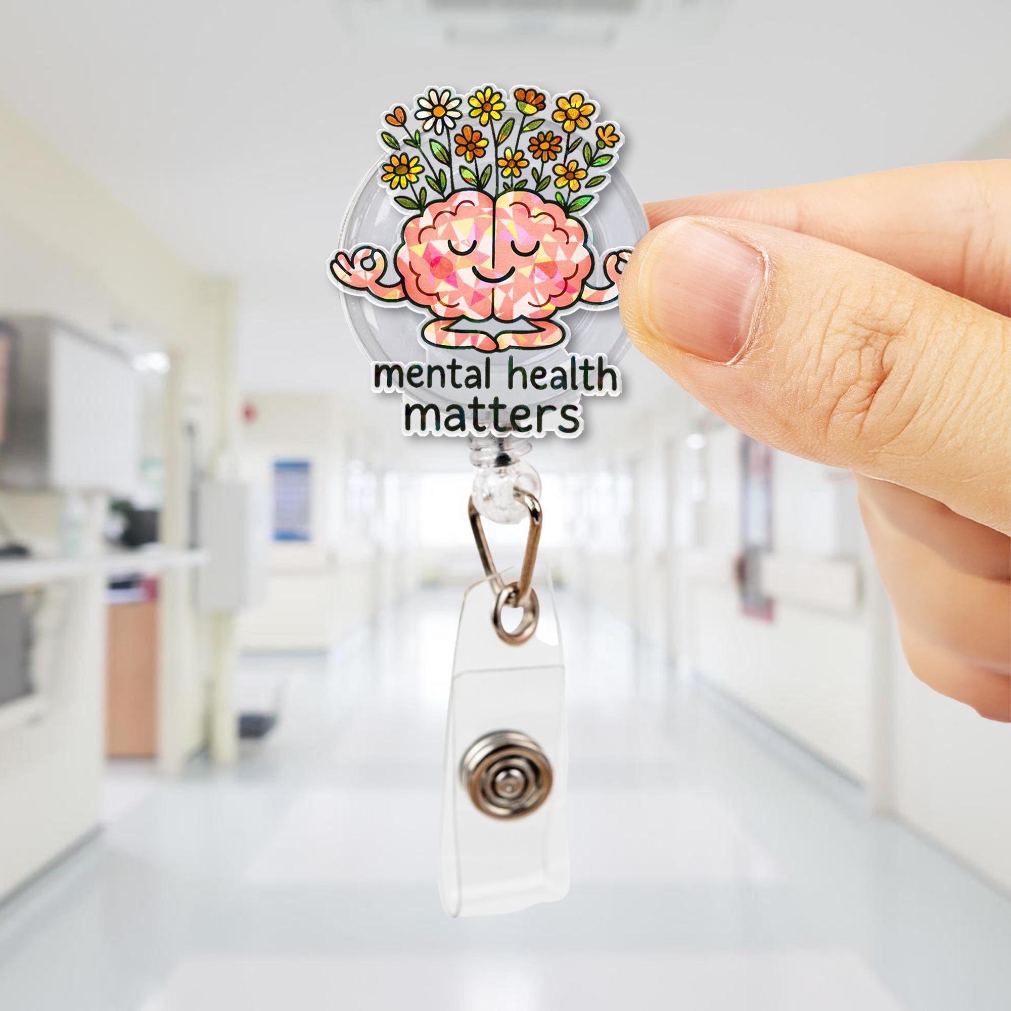 Mental Health Matters Badge Reel – Cute Brain with Flowers ID Holder – Inspirational Retractable Clip for Therapists, Nurses & Staff