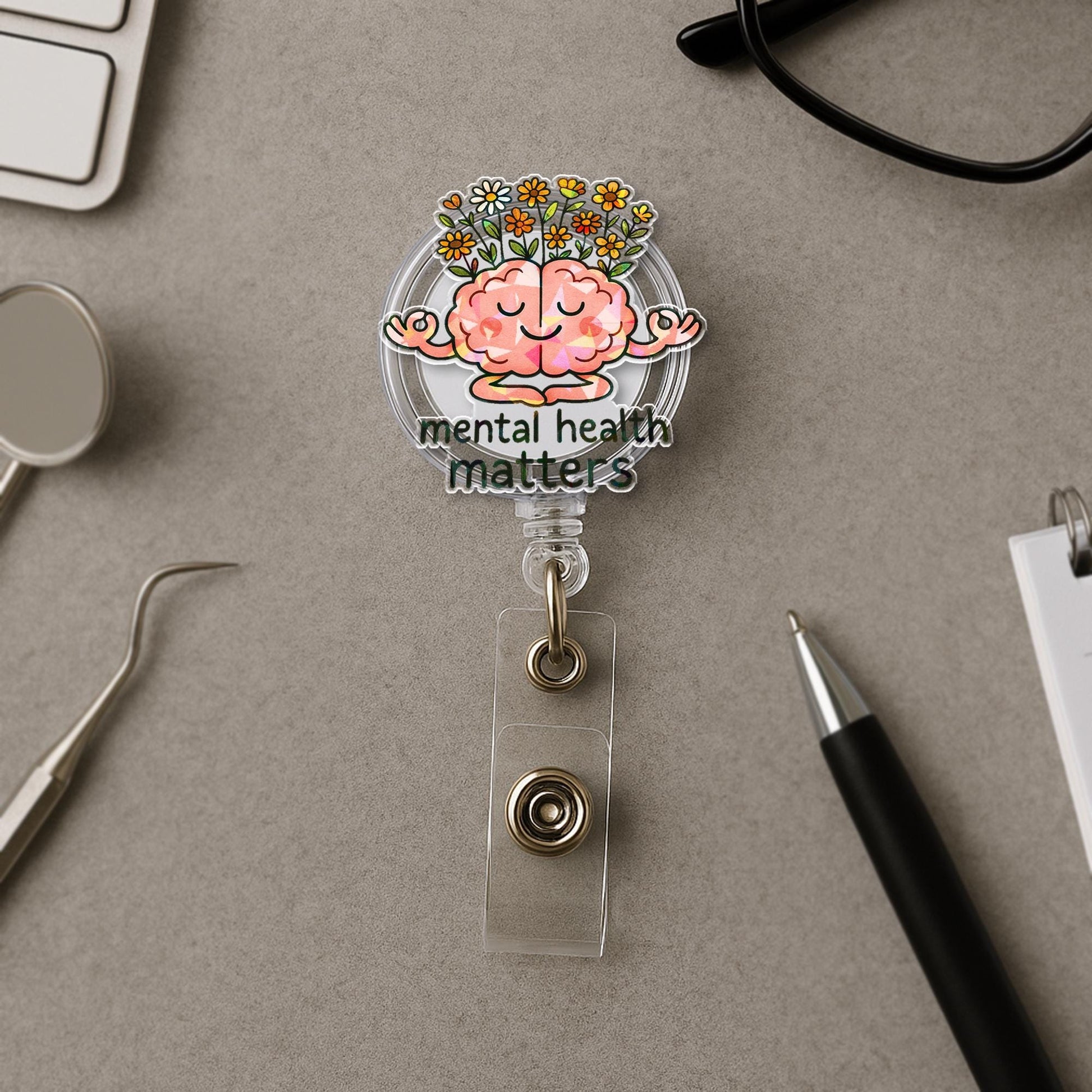 Mental Health Matters Badge Reel – Cute Brain with Flowers ID Holder – Inspirational Retractable Clip for Therapists, Nurses & Staff