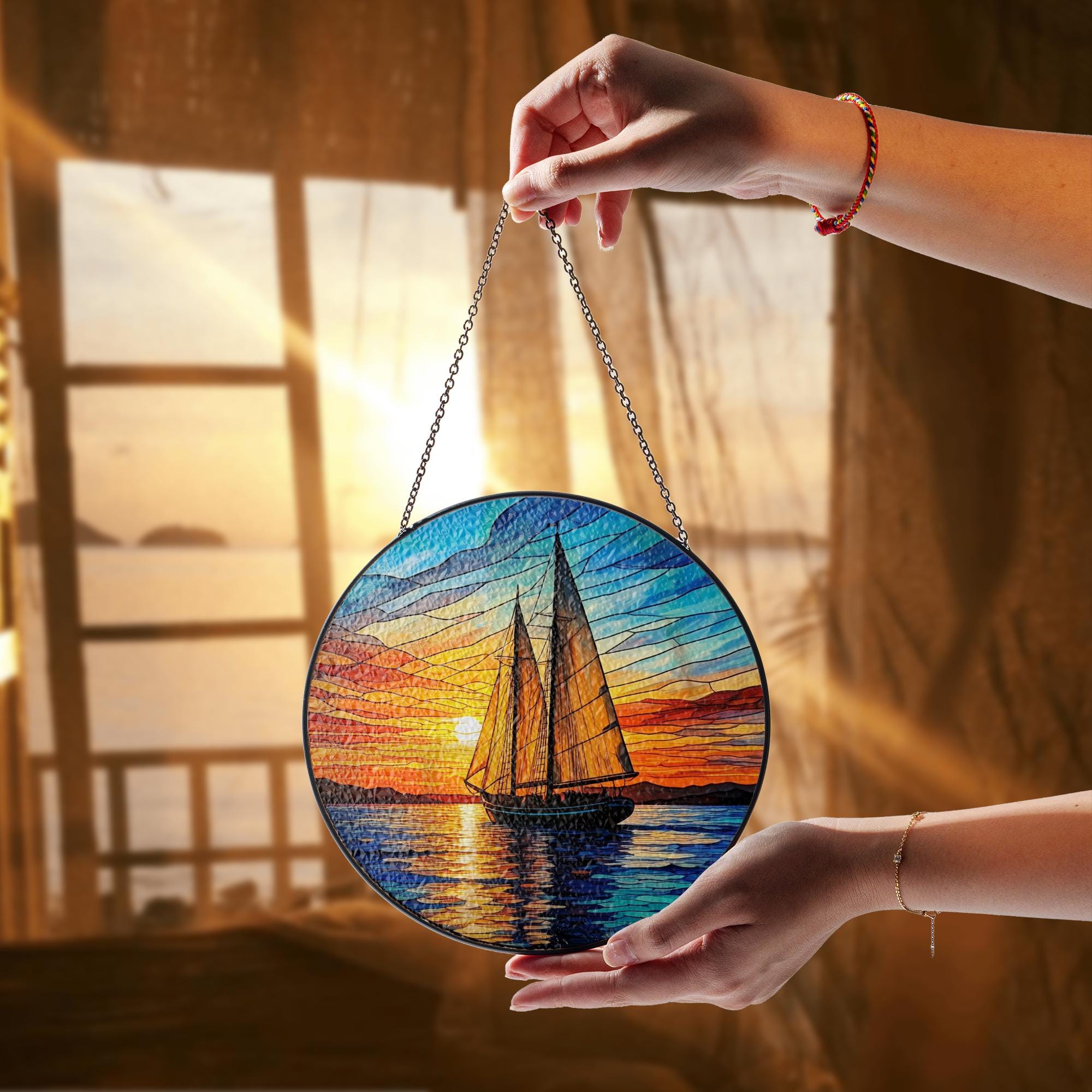 Sailboat Sunset Glass Suncatcher – Nautical Glass Style Window Hanging – Ocean Seascape Decor for Home, Cabin, or Beach House, Gift For Mom