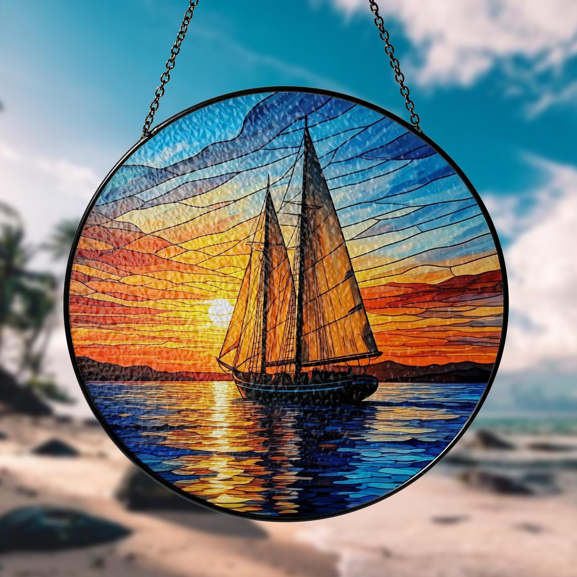 Sailboat Sunset Glass Suncatcher – Nautical Glass Style Window Hanging – Ocean Seascape Decor for Home, Cabin, or Beach House, Gift For Mom