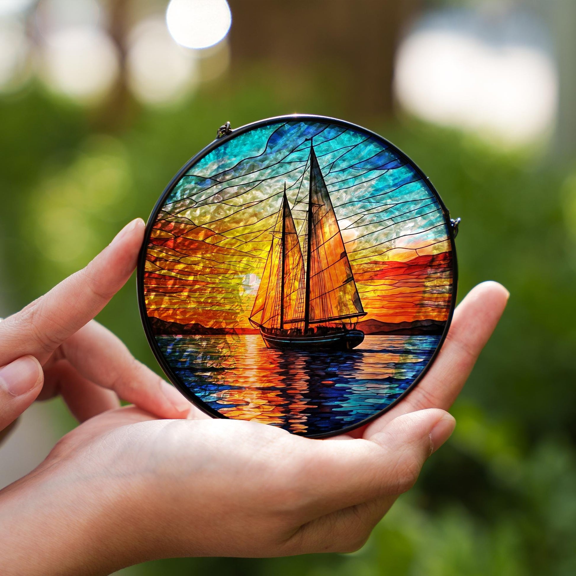 Sailboat Sunset Glass Suncatcher – Nautical Glass Style Window Hanging – Ocean Seascape Decor for Home, Cabin, or Beach House, Gift For Mom