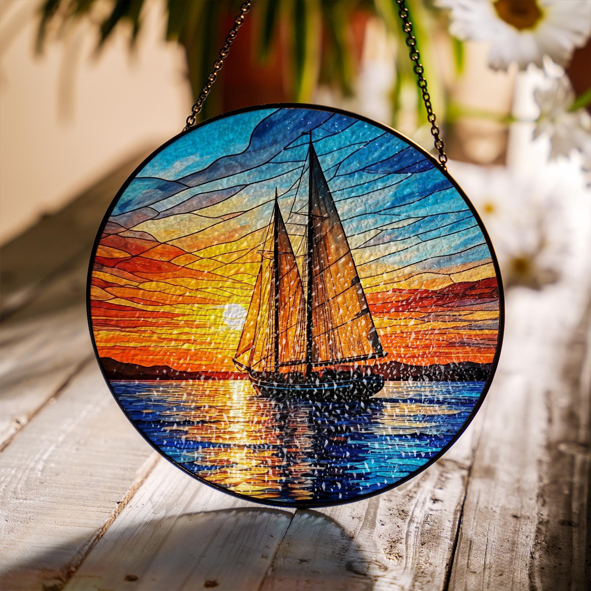 Sailboat Sunset Glass Suncatcher – Nautical Glass Style Window Hanging – Ocean Seascape Decor for Home, Cabin, or Beach House, Gift For Mom