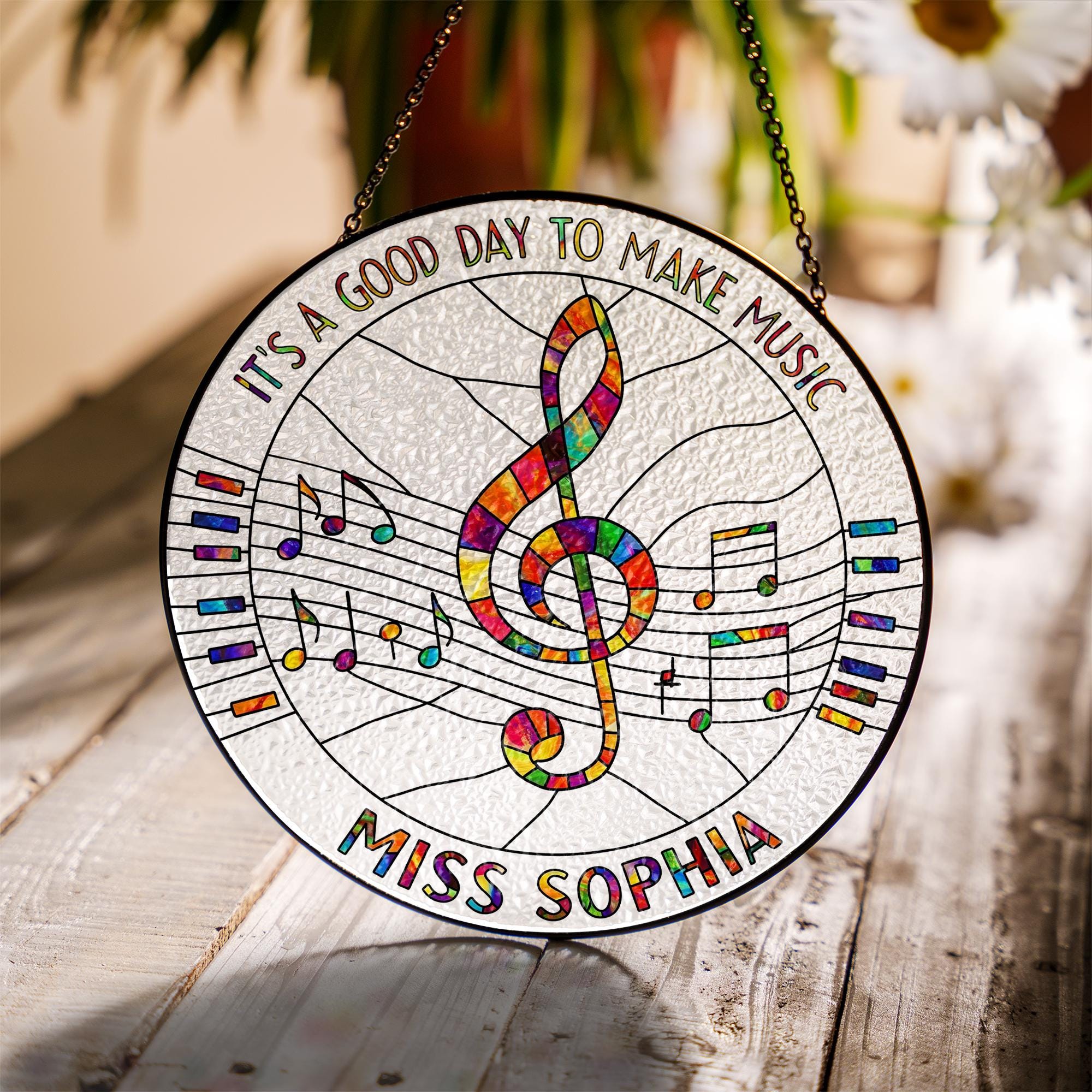 Custom Music Teacher Gift – Personalized Glass Suncatcher with Name and Notes, End of Year Gift for Choir or Band Instructor