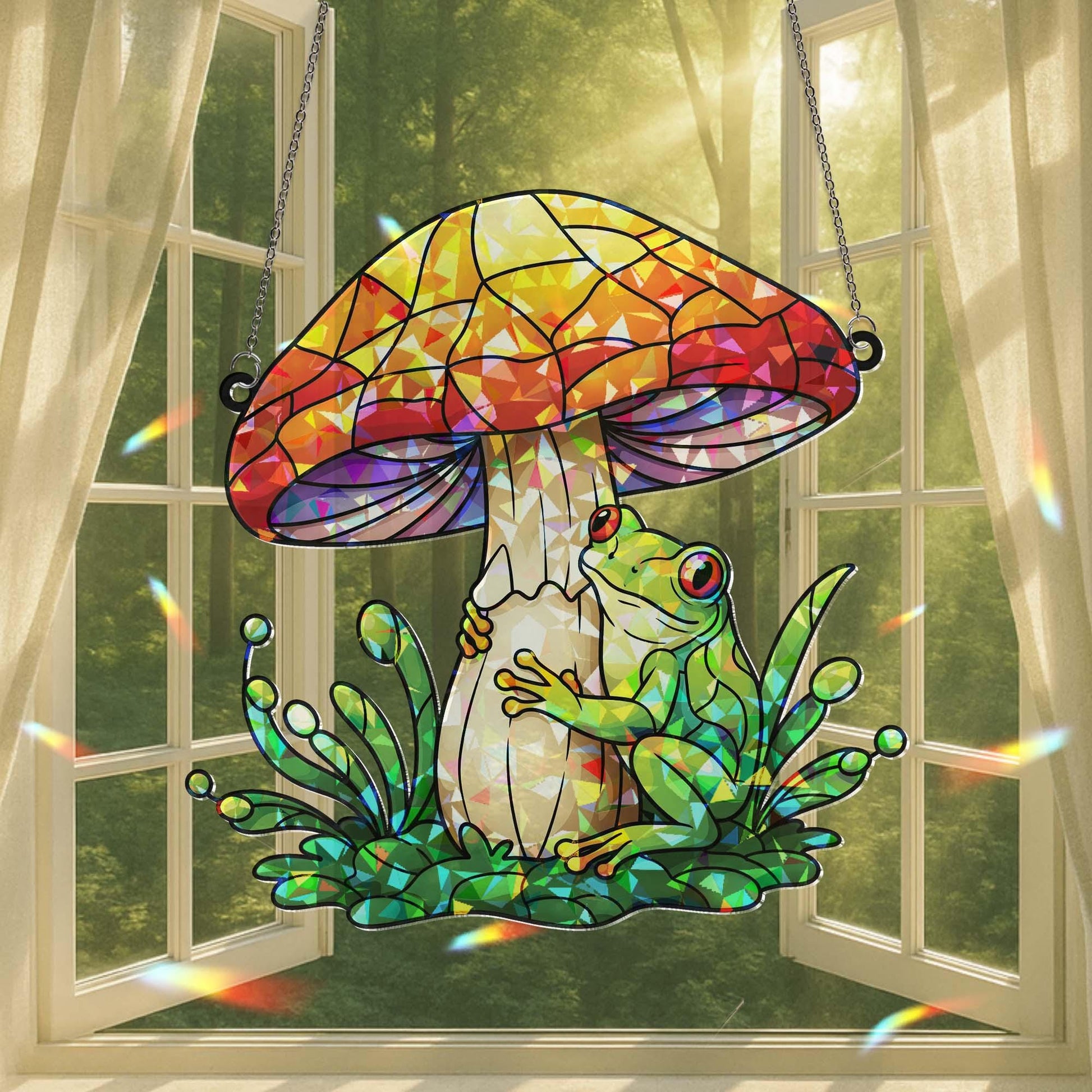 Frog Mushroom Hologram Window Hanging, Frog Suncatcher Decor, Cottagecore Frog Gift, Whimsical Nature Room Art