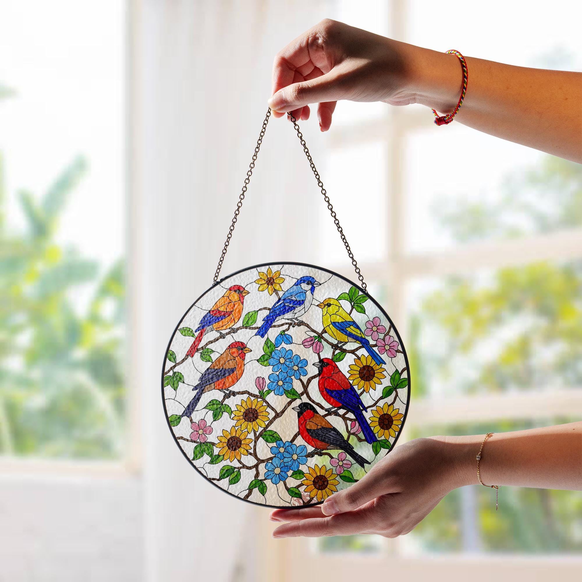 Colorful Birds & Flowers Glass Suncatcher – Stained Glass Style Window Hanging – Nature-Inspired Home or Garden Decor Gift, Gift For Mom