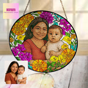 Custom Photo Glass Suncatcher Gift for Mexican Mom or Grandma – Personalized Floral Portrait Keepsake for Mother’s Day or Birthday
