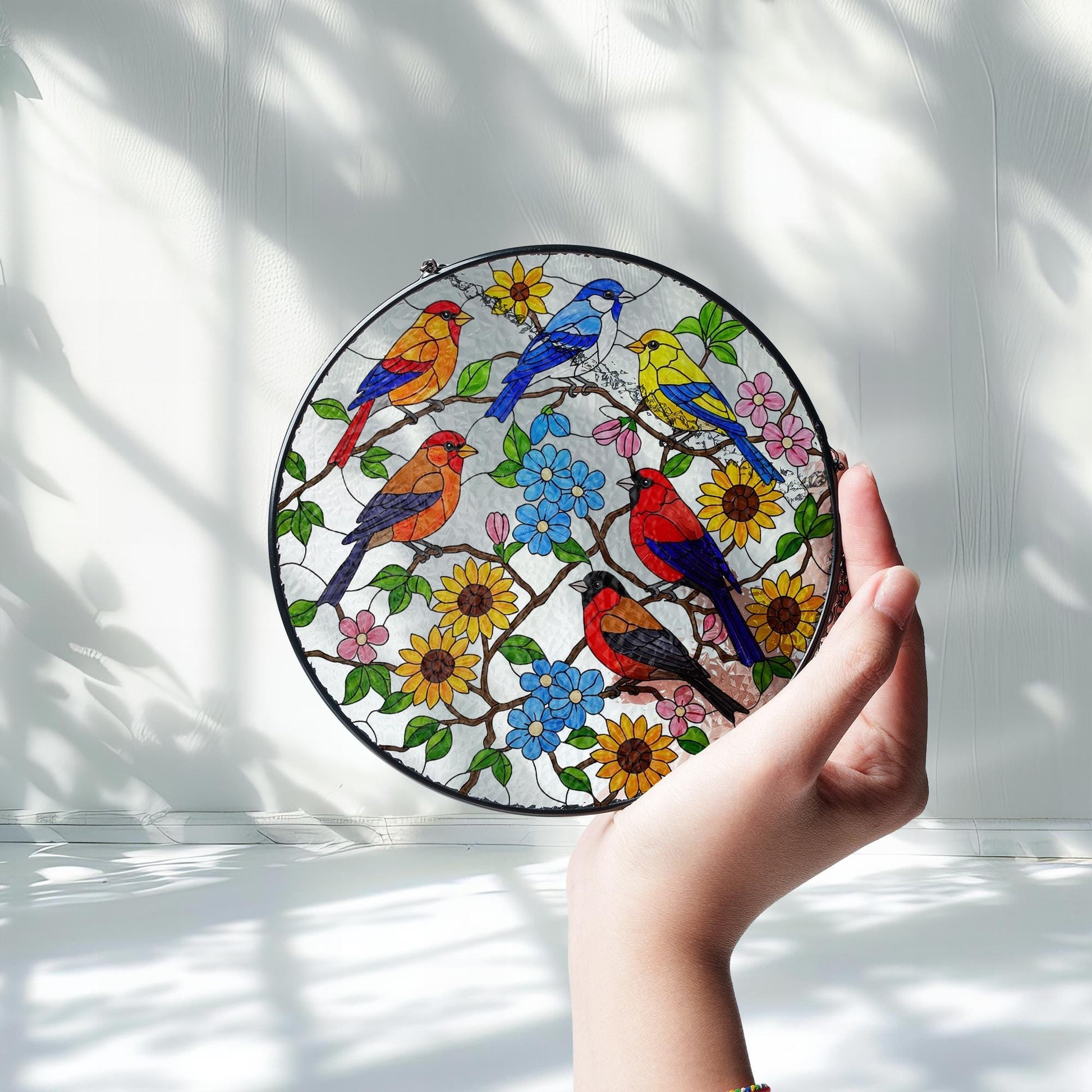 Colorful Birds & Flowers Glass Suncatcher – Stained Glass Style Window Hanging – Nature-Inspired Home or Garden Decor Gift, Gift For Mom