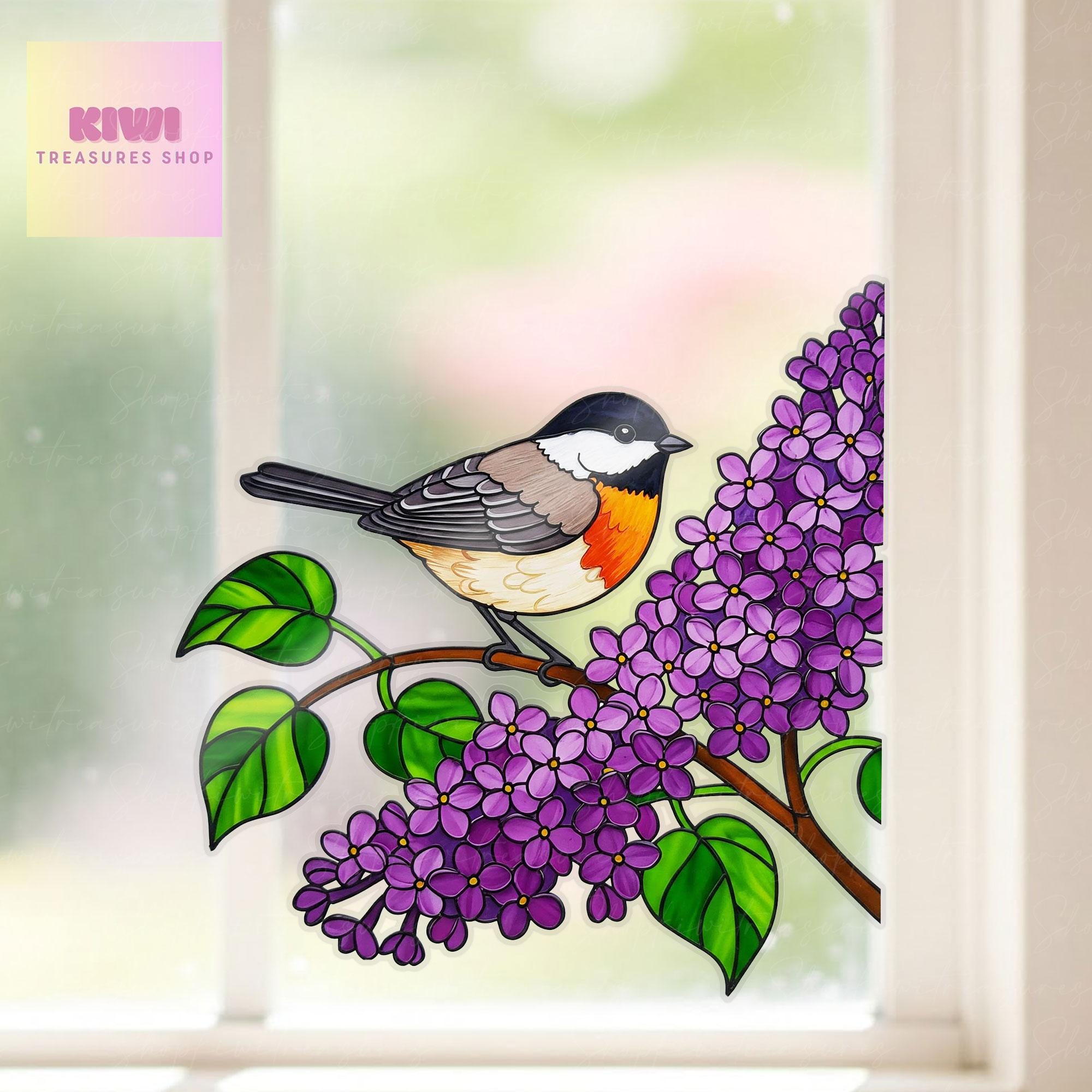 Robin bird and Lilac Transparent Vinyl Window Decal – Floral Bird Suncatcher Sticker Gift for Mom and grandma on Mother's Day or Birthday