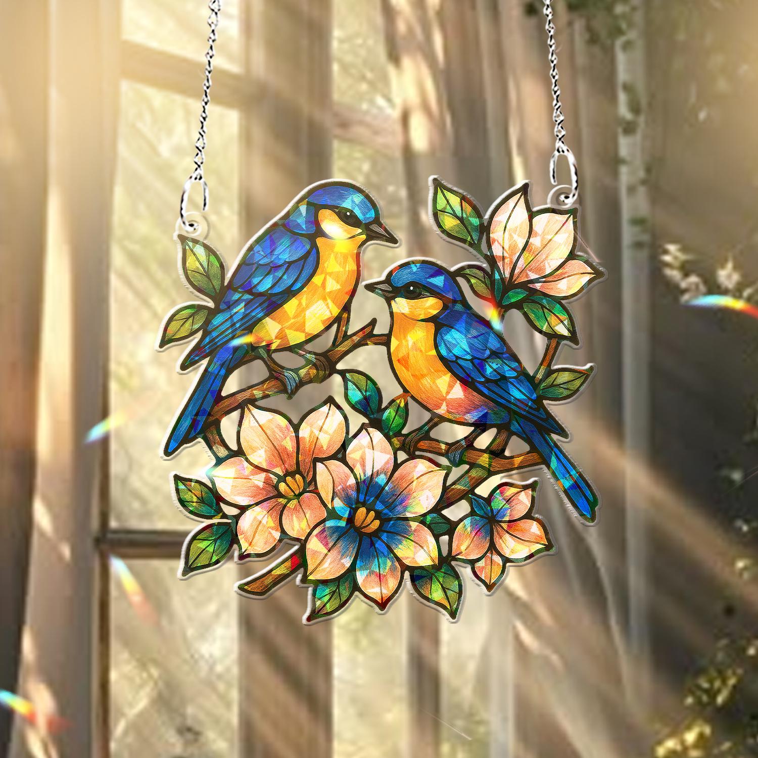 Blue Birds On The Flower Branch Acrylic Window Hanging – Floral Suncatcher – Spring Decor for Nature and Bird Lovers, Flower Spring Art