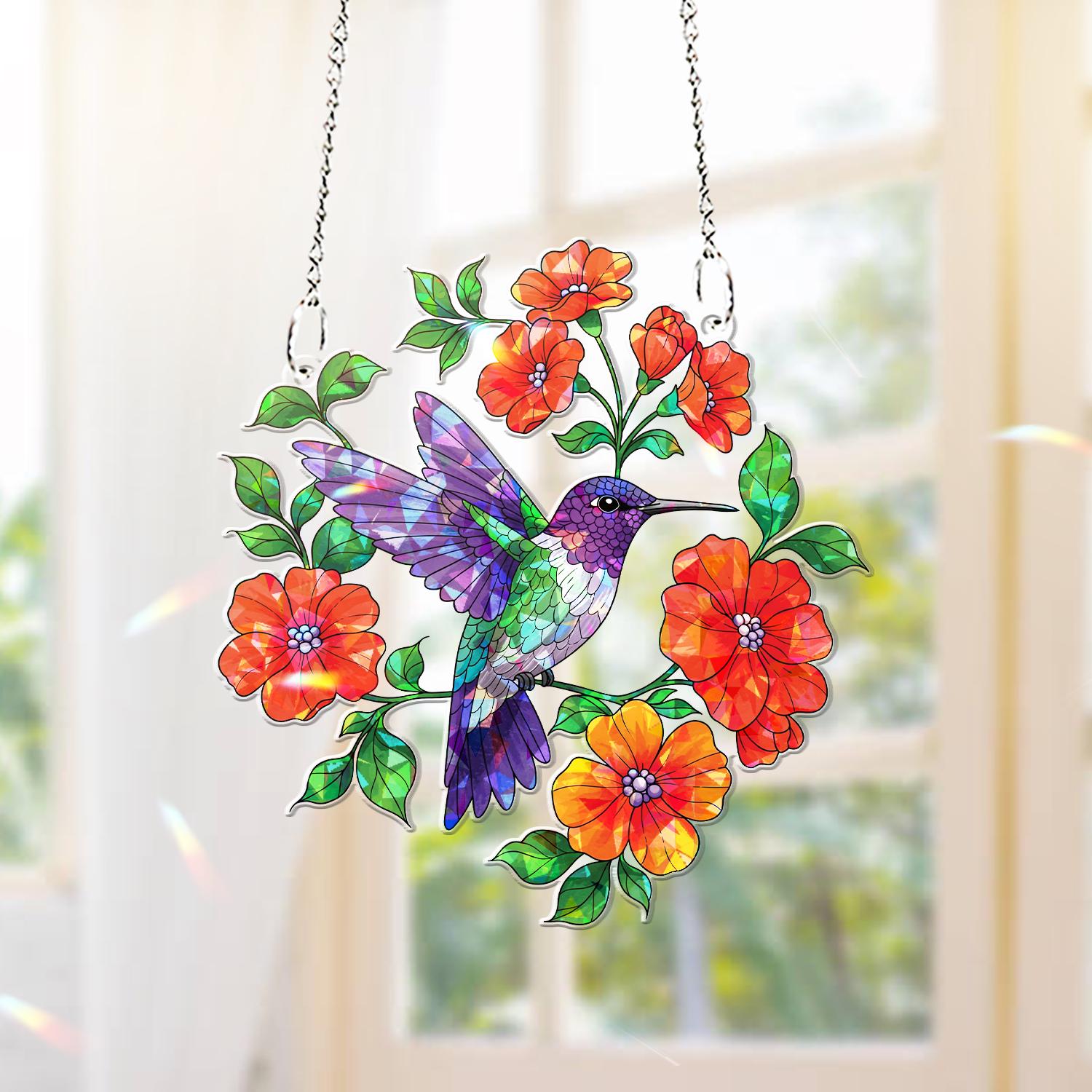 Hummingbird & Red Flowers Acrylic Window Hanging – Vibrant Nature Decor for Home, Garden, or Gift Giving, Gift For Her, Bird Lover Gift