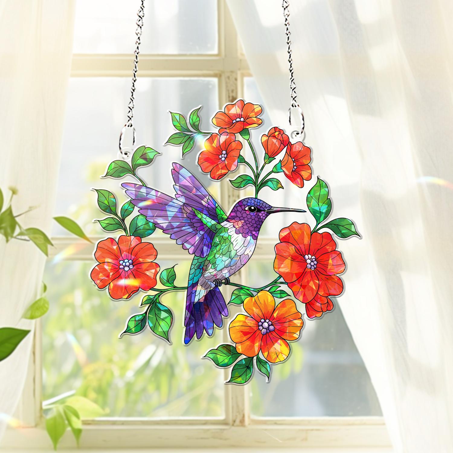 Hummingbird & Red Flowers Acrylic Window Hanging – Vibrant Nature Decor for Home, Garden, or Gift Giving, Gift For Her, Bird Lover Gift