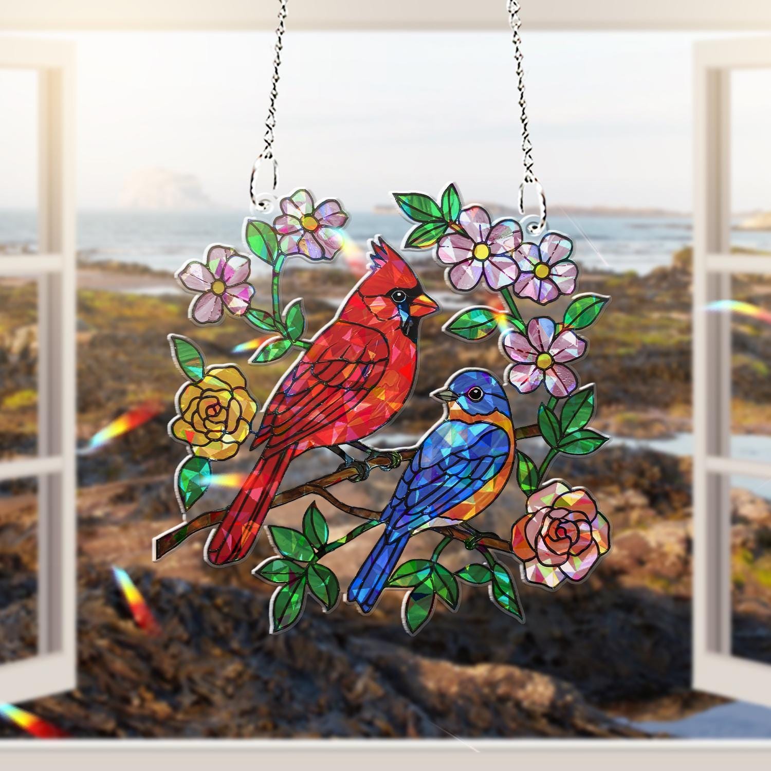 Cardinal & Bluebird And Flowers Acrylic Window Hanging – Colorful Bird Decor for Nature Lovers And Gift Giving, Spring Decor, Bird Lovers