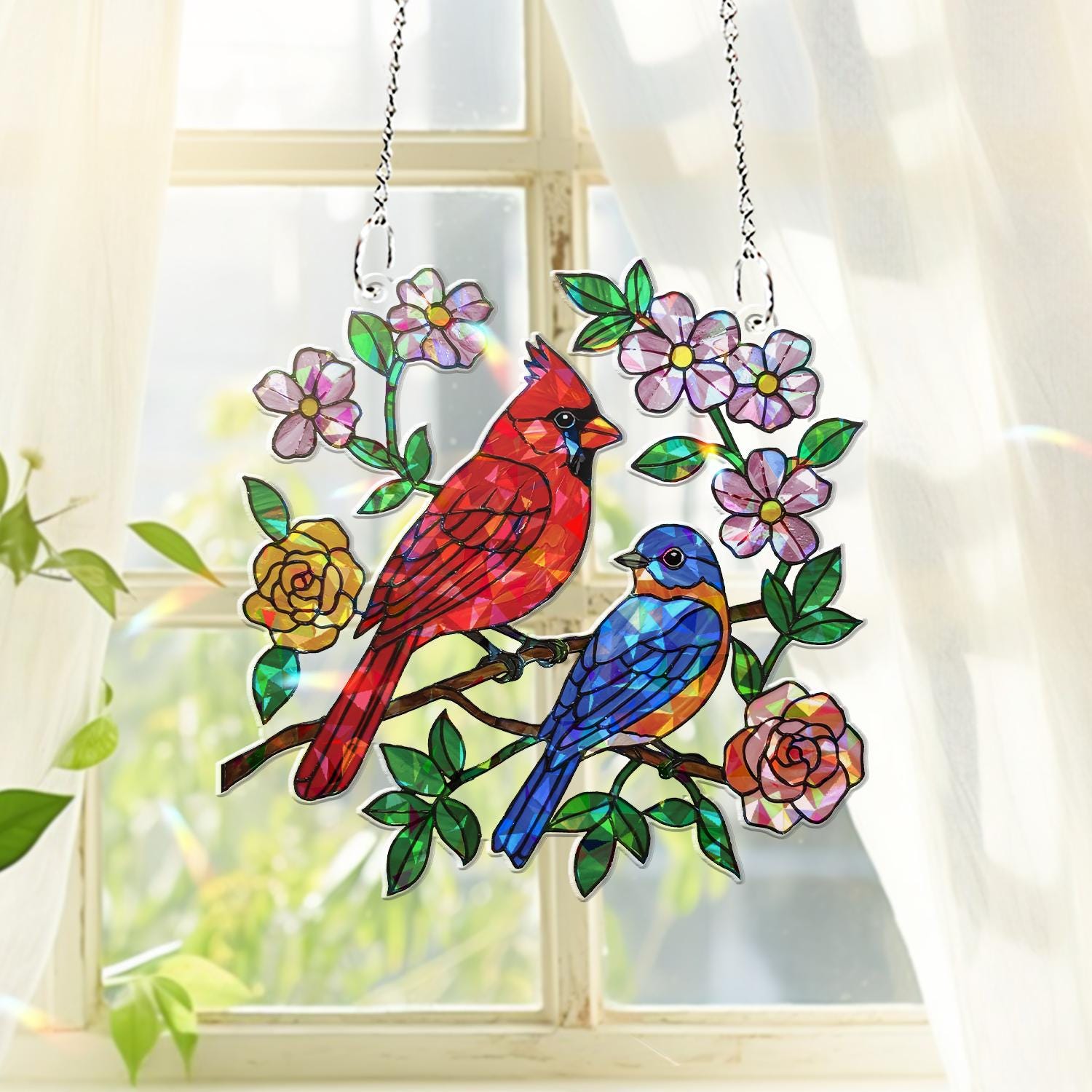 Cardinal & Bluebird And Flowers Acrylic Window Hanging – Colorful Bird Decor for Nature Lovers And Gift Giving, Spring Decor, Bird Lovers
