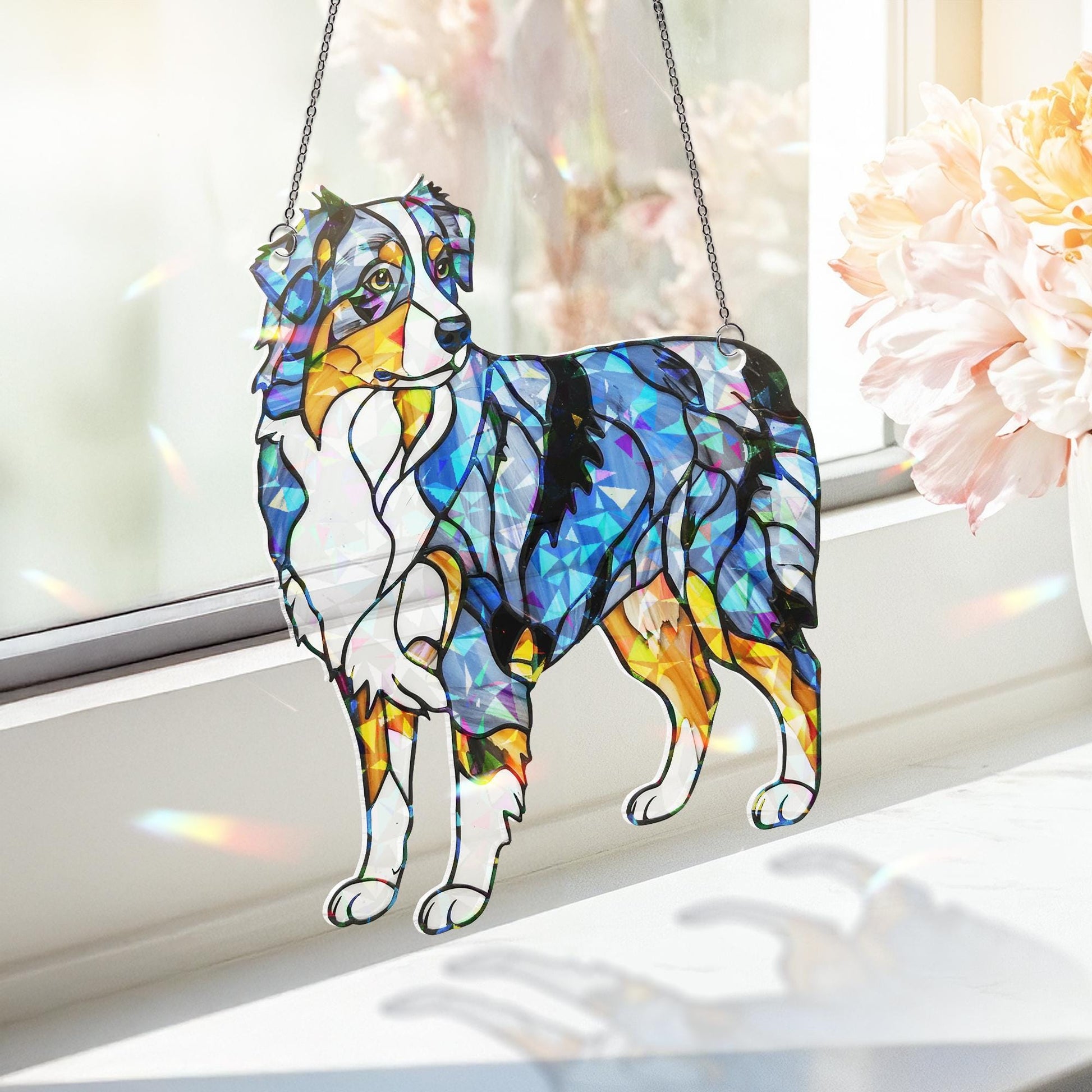 Australian Shepherd Holographic Acrylic Suncatcher Gift for Dog Lover Dad Mom Herder Owner Window Decor Rainbow Pet Memorial